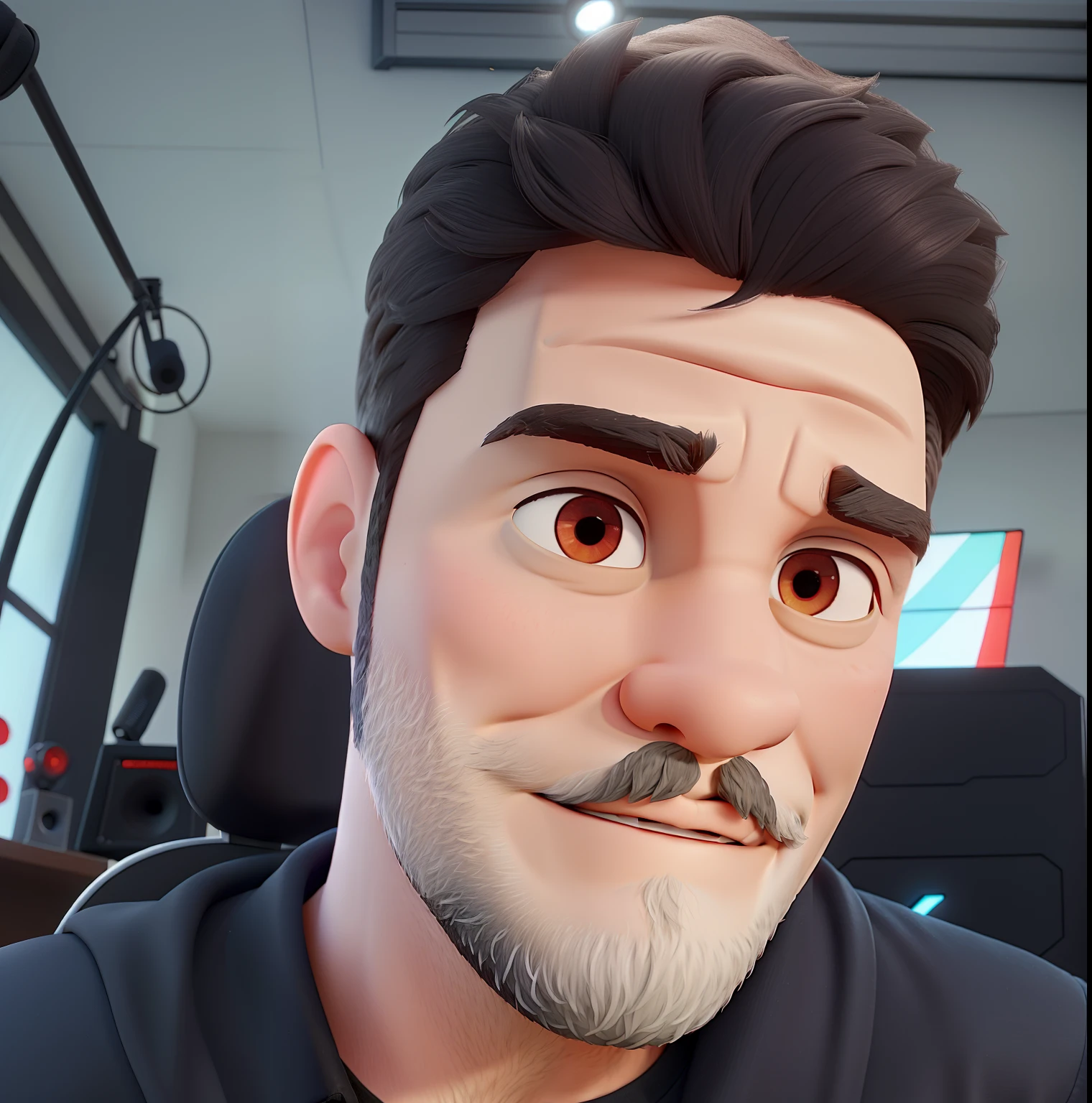 Pode melhorar barba mais rala com uns fios brancos, Make the full body appearing white red shoes. Man stands on black background on a speaker-like stage with microphone in one hand and book in the other in Disney pixar style best quality, maior qualidade.