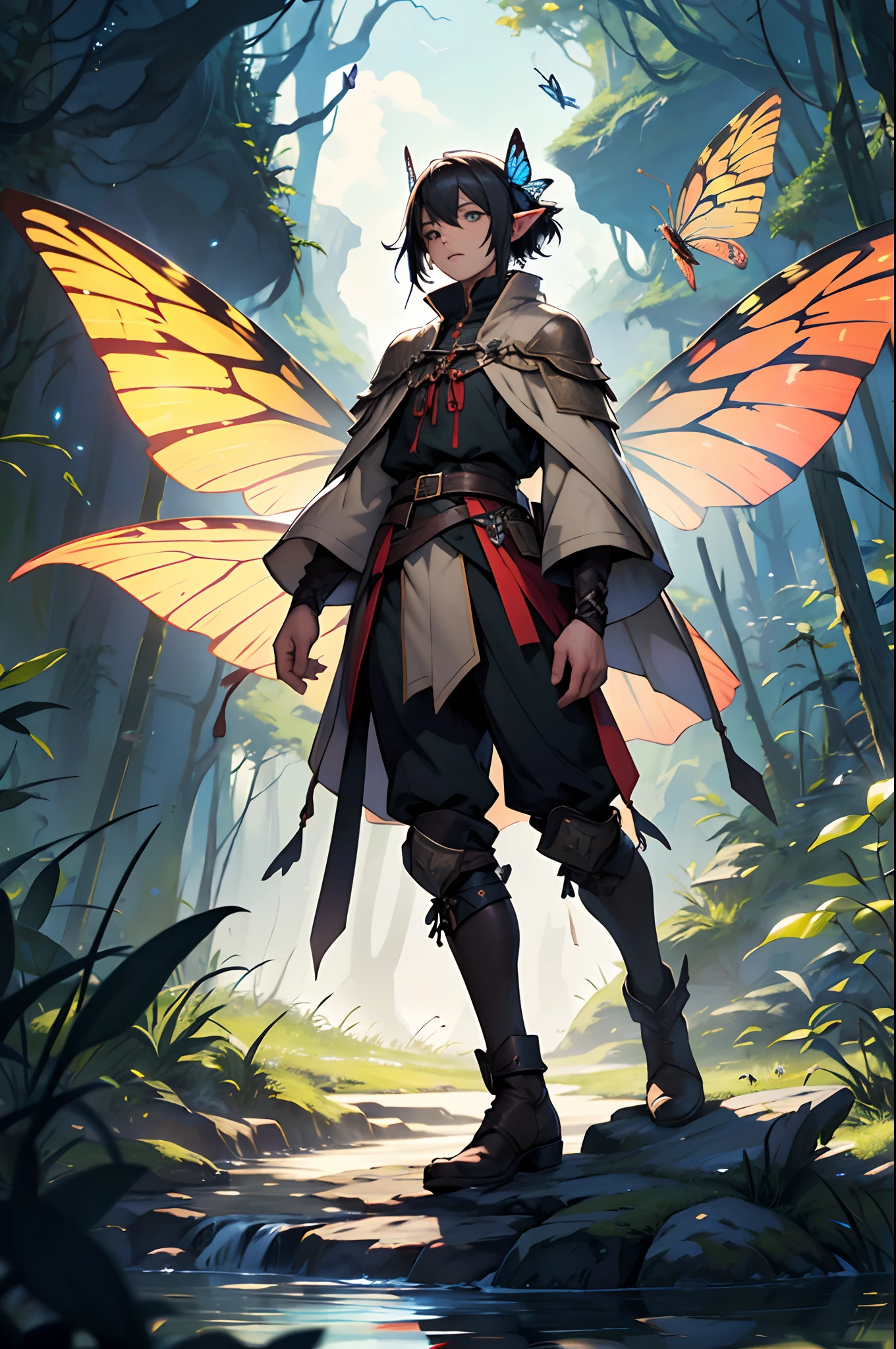 beste-Qualit, tmasterpiece, extra high resolution, Detailed background, realisti, 独奏, ember, humanoid, faeries look like Little Elves with Insect Wings, But every faerie has a physical trait, Flying on the wings of a butterfly, butterfly wings, in full height, Flies, faery, Little, Flies, Medieval Pathfinder Outfit, Pathfinder's Outfit , chaotic–neutral, Male gender, Horror \(subject\),ダークファンタジー, Good Guy , Depth of field.