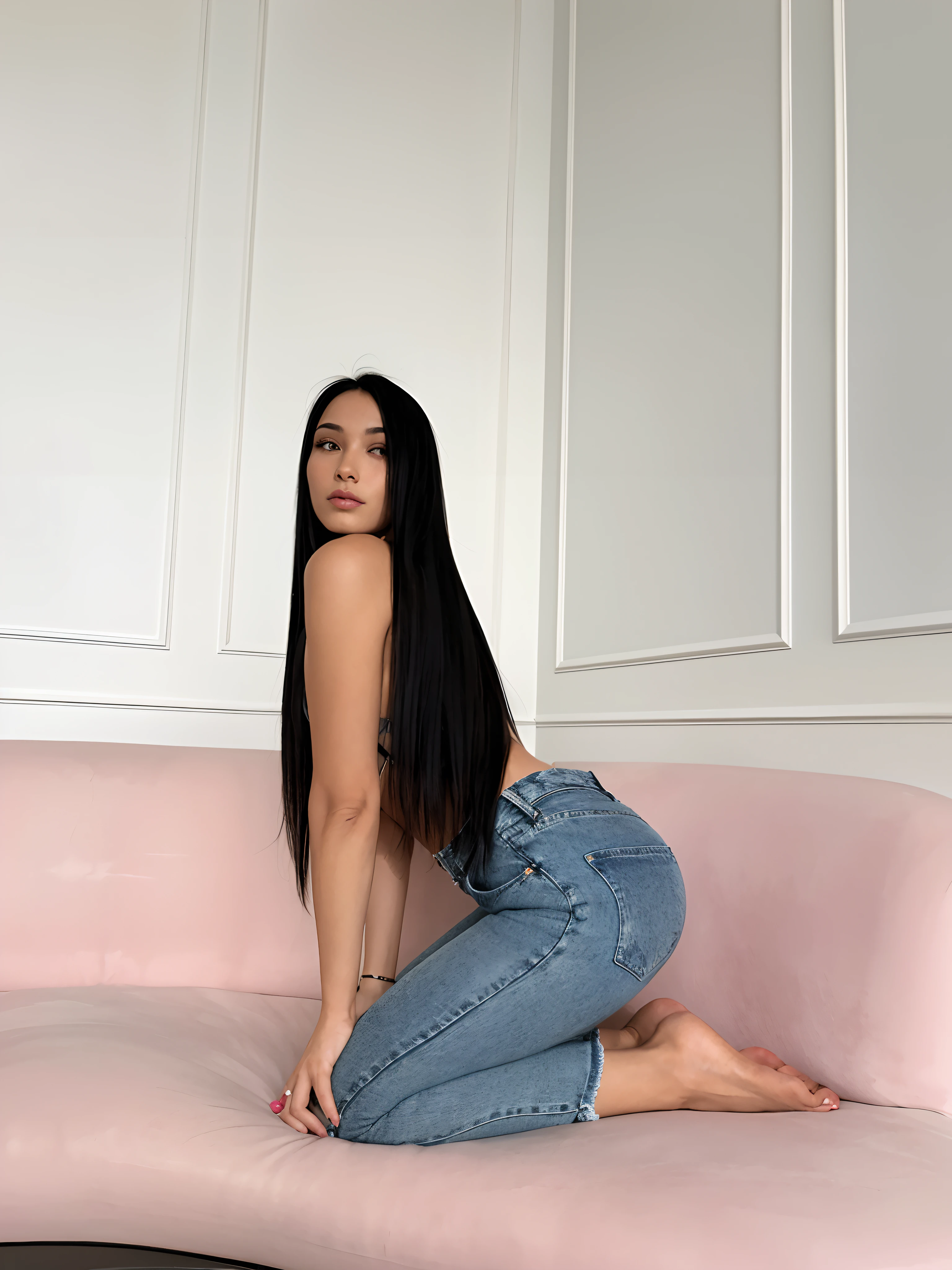 The woman, Sitting on a pink couch with long black hair, 2 4 year old female model, relaxed pose, Her hair is long and straight;;, with long hair, Random Pose, sexy pose, sitting on the couch, 18 years, Jeans, bella poarch, very sexy pose, Female with long black hair, dasha taran, Sitting on a Sofa