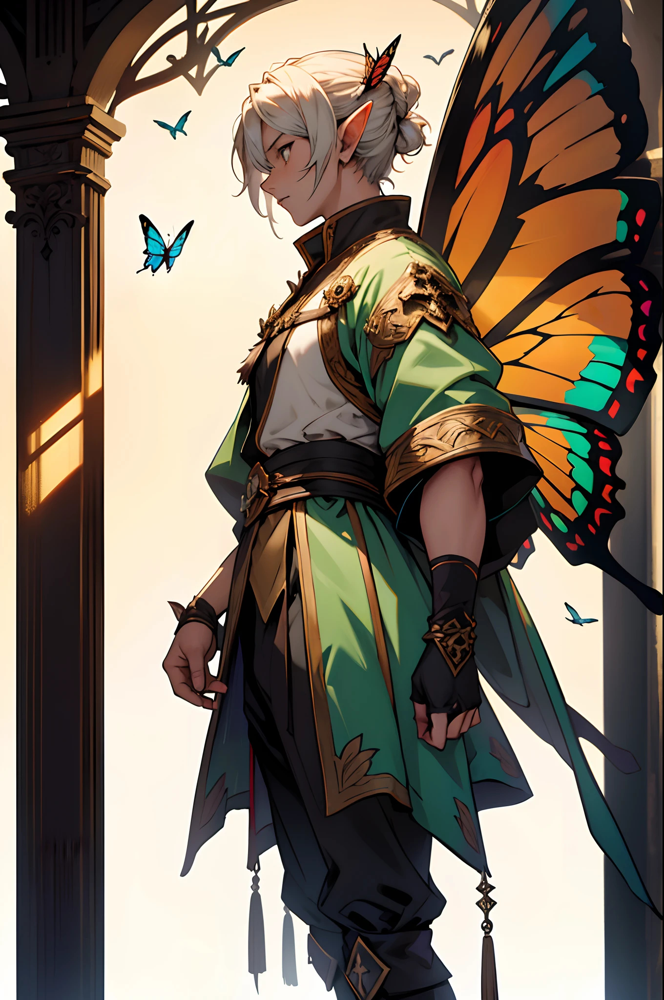 beste-Qualit, tmasterpiece, extra high resolution, Detailed background, realisti, 独奏, ember, humanoid, faeries look like Little Elves with Insect Wings, Flying on the wings of a butterfly, butterfly wings, in full height, Flies, faery, Little, Flies, Medieval Pathfinder Outfit, Pathfinder's Outfit ,Butterfly wings grow out of the back, chaotic–neutral, Male gender, Horror \(subject\),ダークファンタジー, Good Guy , Depth of field.