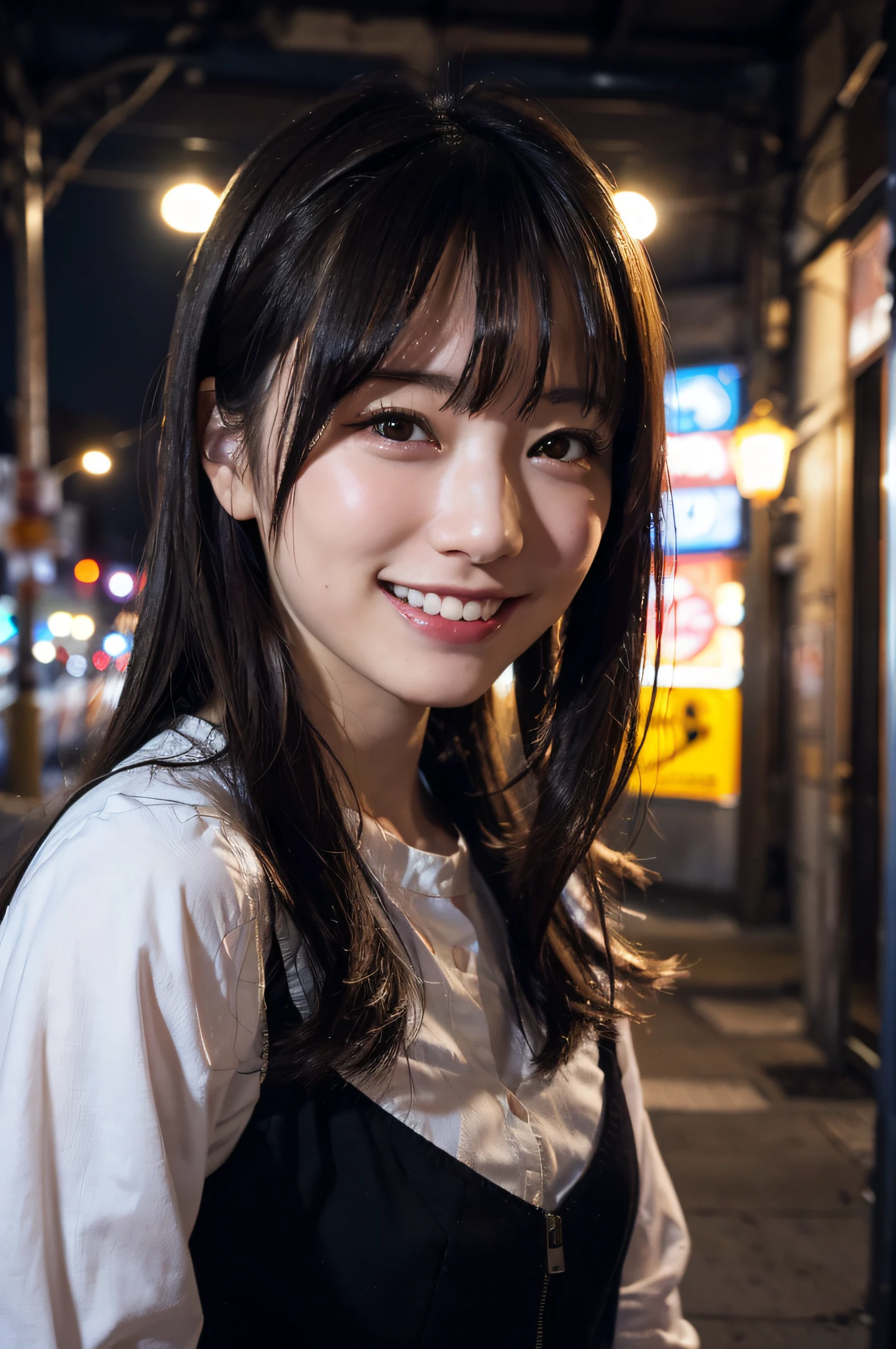 1girl in, on tokyo street, Night, Cityscape, City lights, Upper body, close-up, ((Smile with small teeth visible)), (8K, Raw photo, Best Quality, masutepiece:1.2), (Realistic, Photorealsitic:1.6),