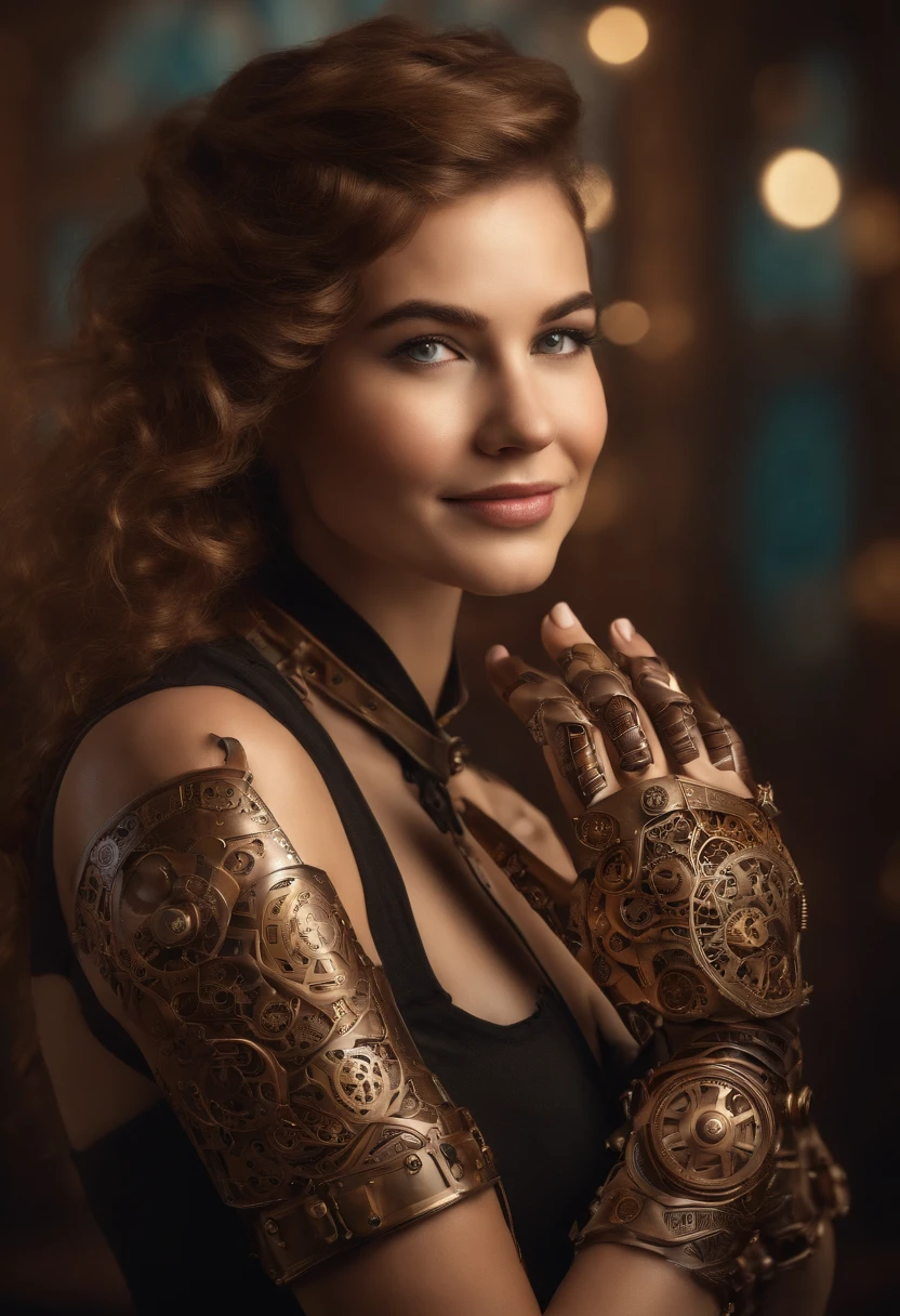 Smiling 1girl with bionic arms in steampunk fashion, Captured in ultra high resolution with photorealistic and beautiful lighting. This masterpiece is of the best quality and is set against an abstract zentangle background (ponderado em 1.4).