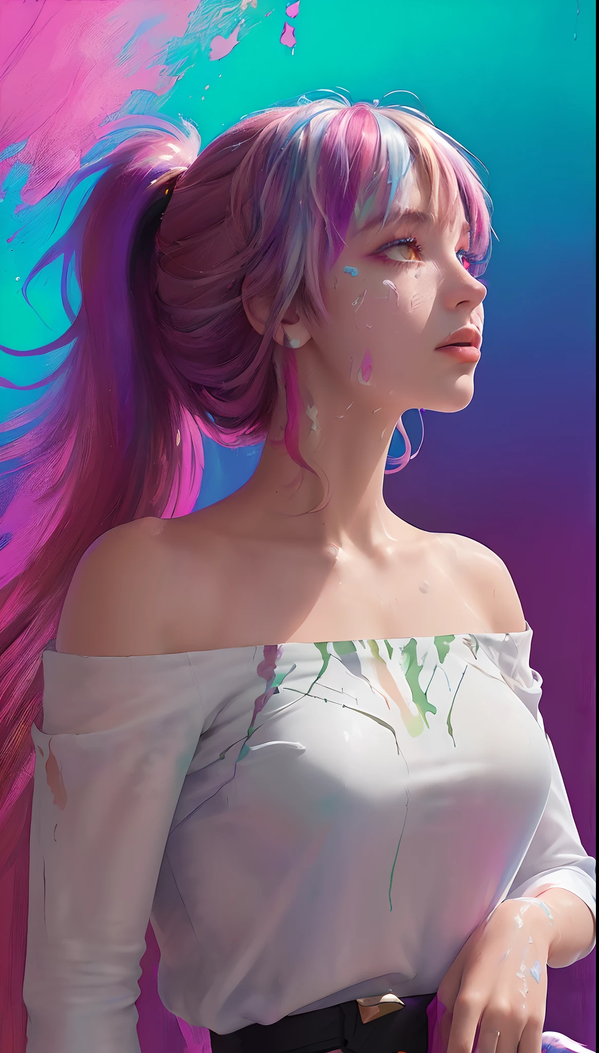 (Pink Fashion T-shirt:1.9),(Colorful hair: 1.8), (all the colours of the rainbow: 1.8),(((((vertical painting:1.6))), (painting:1.6),front, comics, illustrations, paintings, large eyes, crystal clear eyes,( rainbow color gradient high ponytail:1.7), exquisite makeup, closed mouth,(Small Fresh: 1.5),(Wipe Chest: 1.6) ,long eyelashes, white off shoulder T-shirt, White Shoulder Shirt,looking at the audience, large watery eyes, (rainbow colored hair:1.6), color splash, (solo:1.8), color splash, color explosion, thick paint style, messy lines, ((shining)),(colorful), (colorful), (colorful), colorful, Thick Paint Style, (Splash) (Color Splash), Vertical Painting, Upper Body, Paint Splash, Acrylic Pigment, Gradient, Paint, Highest Image Quality, Highest Quality, Masterpiece, Solo, Depth of Field, Face Paint, colorful clothes, (Elegant: 1.2), gorgeous,long hair, wind, (Elegant: 1.3), (Petals: 1.4),(((masterpiece))),(((best quality))),((ultra-detailed)),(illustration),(dynamic angle),((floating)),(paint),((disheveled hair)),(solo),(1girl) , (((detailed anima face))),((beautiful detailed face)),collar,bare shoulders,white hair, ((colorful hair)),((streaked hair)),beautiful detailed eyes,(Gradient color eyes),(((colorful eyes))),(((colorful background))),(((high saturation))),(((surrounded by colorful splashes))),