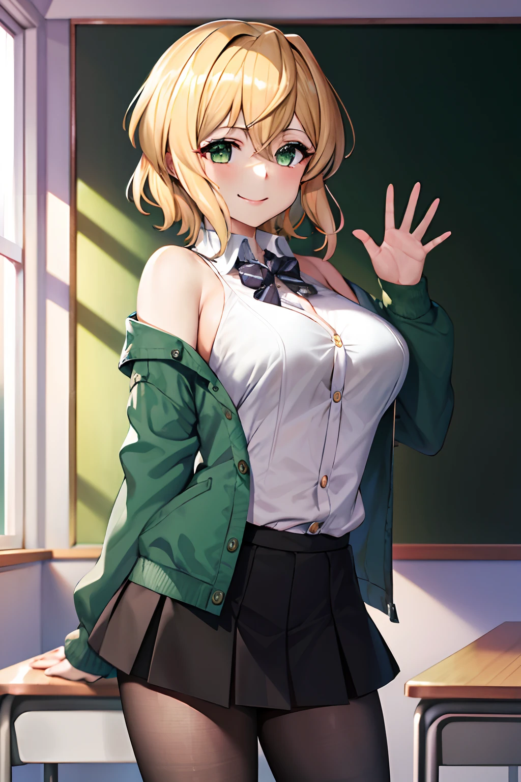 masterpiece, best quality, highres, kirika akatsuki, 1girl, solo, symphogear outfit, long sleeves, short hair, black skirt, collared shirt, black pantyhose, open clothes, bowtie, hairclif, breasts, bangs, green eyes, pleated skirt, off shoulder, sleeves past wrists, blonde hair, miniskirt,  cowboy shot, classroom, waving, smile,