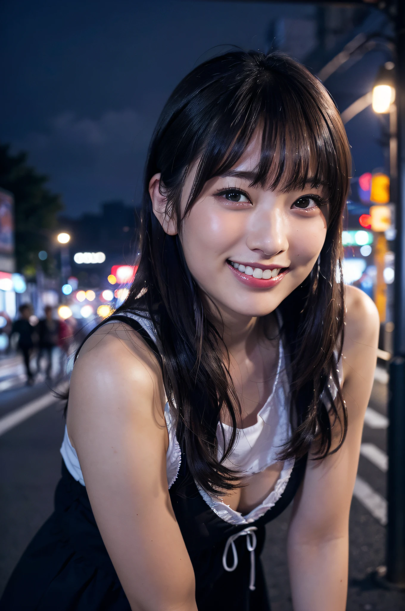 1girl in, on tokyo street, Night, Cityscape, City lights, Upper body, close-up, ((Smile with small teeth visible)), (8K, Raw photo, Best Quality, masutepiece:1.2), (Realistic, Photorealsitic:1.6),