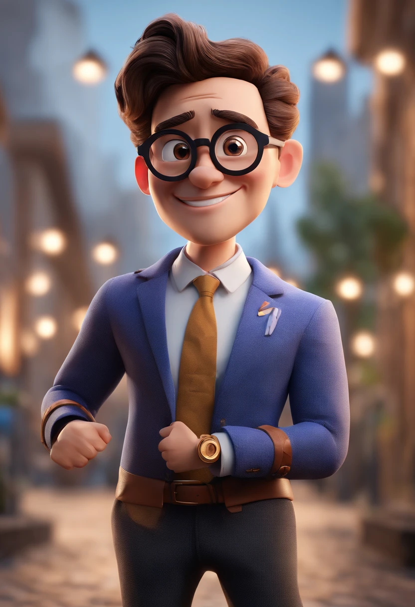 Cartoon character of a man with black glasses and a blue shirt, animation character, Caractere estilizado, animation style rendering, 3D estilizado, Arnold Maya render, 3 d render stylized, toon render keyshot, Personagem 3D, Personagem 3D, 3d rendering stylized, 3 d character render, personagem de desenho animado, Personagem de close up, Pose de personagem,  (Estilo Pixar) (master part:1.2) (Bokeh) (best quality) (pele detalhada) (textura detalhada) (8k) (argila) (Cinematic lighting) (foco nítido