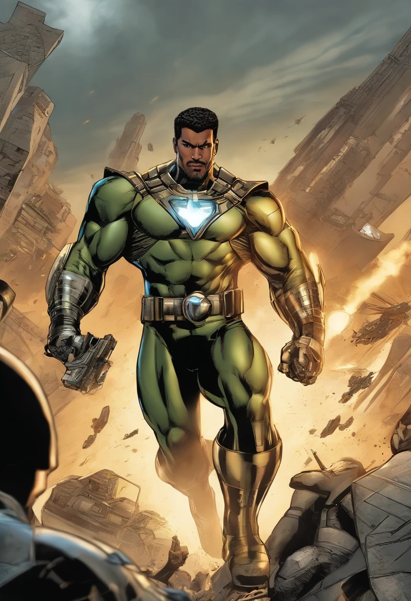Create a Brazilian mulatto hero superhero with normal black hair, usar barba, 35 anos, mulato, olhos vermelhos estreitos, Futuro uniforme preto tech contendo detalhes de textura de fibra de carbono e linhas douradas na armadura do terno, use a letra dourada e quadrada " s" like a belt buckle equipped with gadgets and hero weapons, Ele tem 1,90 metros de altura, pesa 100kg e tem um visual preto escuro, Electrical rays come out of your hands, pose de luta enquanto voa, with a futuristic technological weapon on his back and in a scene of destruction with destroyed buildings and people running in the background in desperation, Show that he's full body flying in fight scene, Spaceships fill the skies in the background, Ships ready to attack the hero, Many armed enemy soldiers approaching on the horizon to surround the hero, use estilo HQ, Cartoon, criar modelo estilo Marvel e Dc Comics, desenho, 8K分辨率, a lot of whimsy in the fingers of the hands and eliminate deformities in the body in the final result,