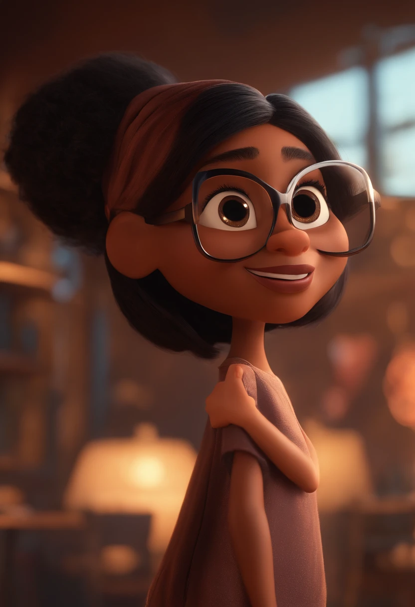 Pixar style image with 3D character black glasses brown woman straight black hair short dancing, Maquiagem Disney,Pescador, bonitinho, sorridente ,Close-up, Pixar, Disney, Cinema lighting,
