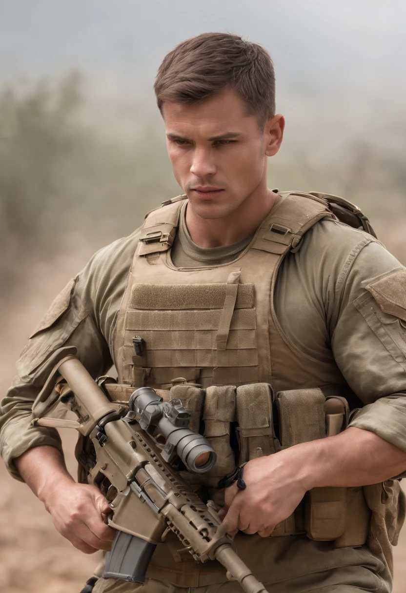 Criar um prompt para uma imagem: a muscular soldier with visibly prominent muscles and a rifle in his hand, in various scenes and poses. He's wearing camouflage military attire., in the training of military environments and war scenarios. The soldier has a fierce expression on his face, while conveying a sense of suffering. Adicionalmente, incluem cenas de treinamento militar, War environments, e elementos como tanques, armored vehicles, and helicopters to portray the intensity of the situation and the presence of combat machines. Para mais detalhes, depicting the soldier on top of a helicopter, showing his impressive physique and the physical demands of his role. Por favor, Provide vivid descriptions of surroundings, incluindo as cores, Texturas, and any other relevant aspects that enhanced the image and showed the muscular appearance of the soldier.