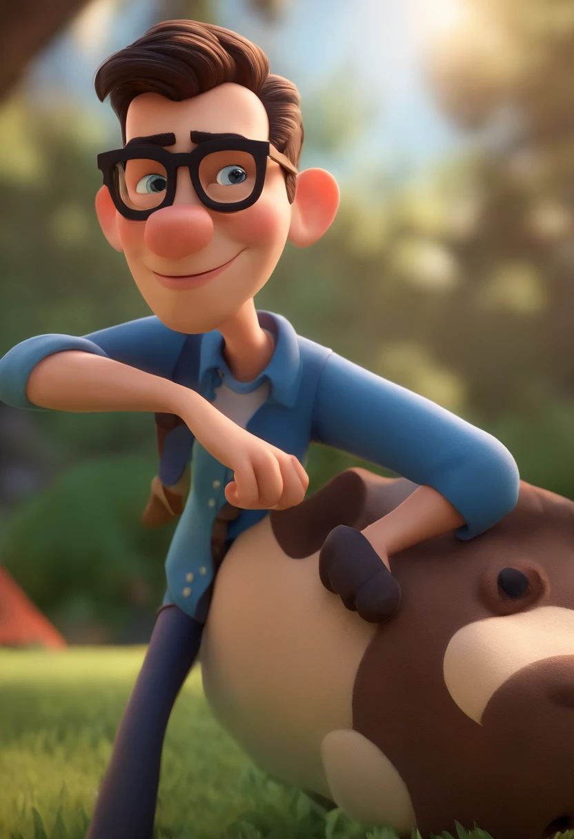 Cartoon character of a man wearing black glasses and a blue shirt, um personagem animado, Caractere estilizado, animation style rendering, 3D estilizado, Arnold Maya render, 3 d render stylized, toon render keyshot, Personagem 3D, Personagem 3D, 3d rendering stylized, 3 d character render, personagem de desenho animado, Personagem de close up, Pose de personagem, (Estilo Pixar) (master part:1.2) (Bokeh) (best quality) (pele detalhada) (textura detalhada) (8k) (argila) (Cinematic lighting) (foco nítido，Senta e vaza a parte superior do corpo