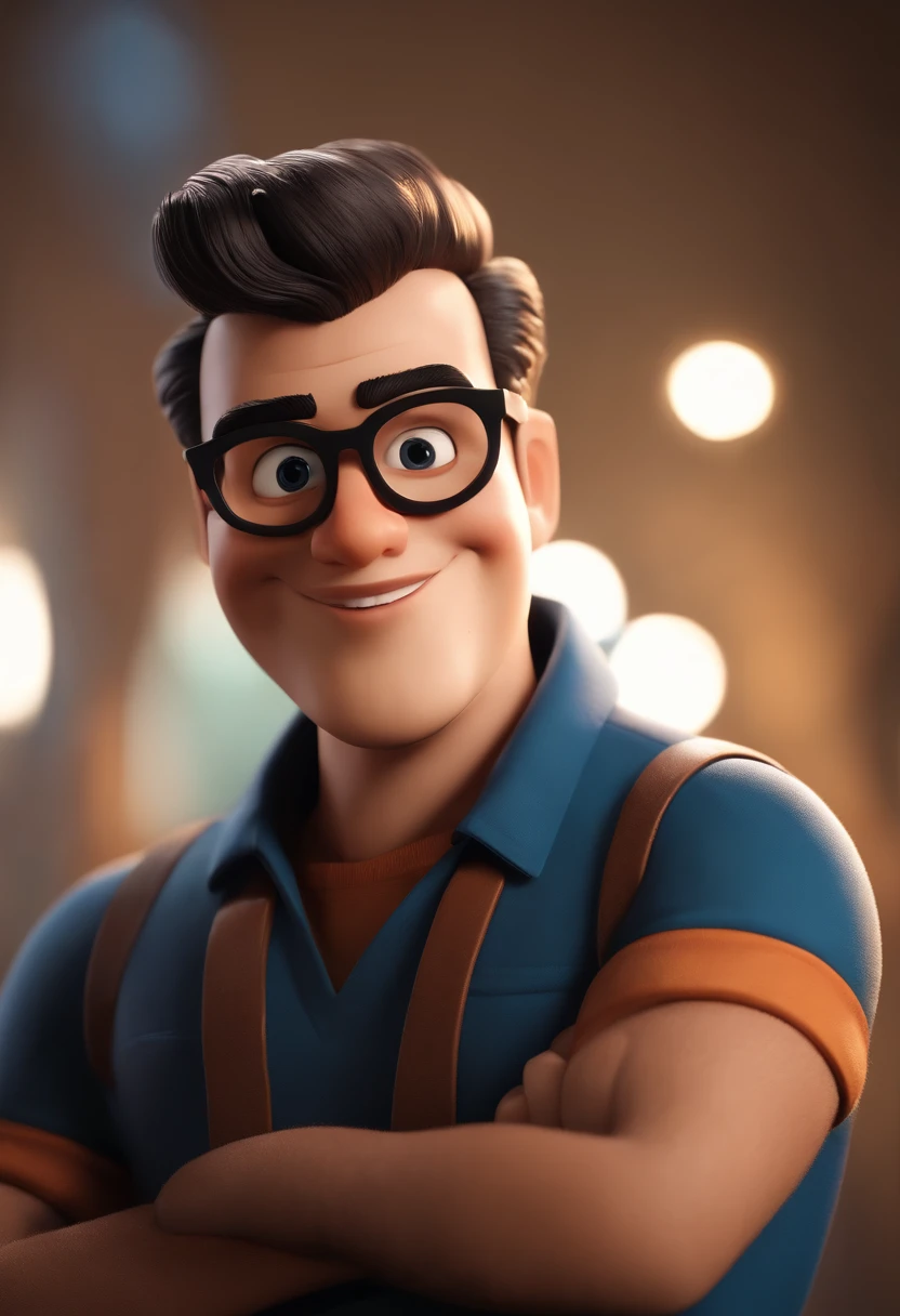 Cartoon character of a man wearing black glasses and a blue shirt, um personagem animado, Caractere estilizado, animation style rendering, 3D estilizado, Arnold Maya render, 3 d render stylized, toon render keyshot, Personagem 3D, Personagem 3D, 3d rendering stylized, 3 d character render, personagem de desenho animado, Personagem de close up, Pose de personagem, (Estilo Pixar) (master part:1.2) (Bokeh) (best quality) (pele detalhada) (textura detalhada) (8k) (argila) (Cinematic lighting) (foco nítido,Senta e vaza a parte superior do corpo