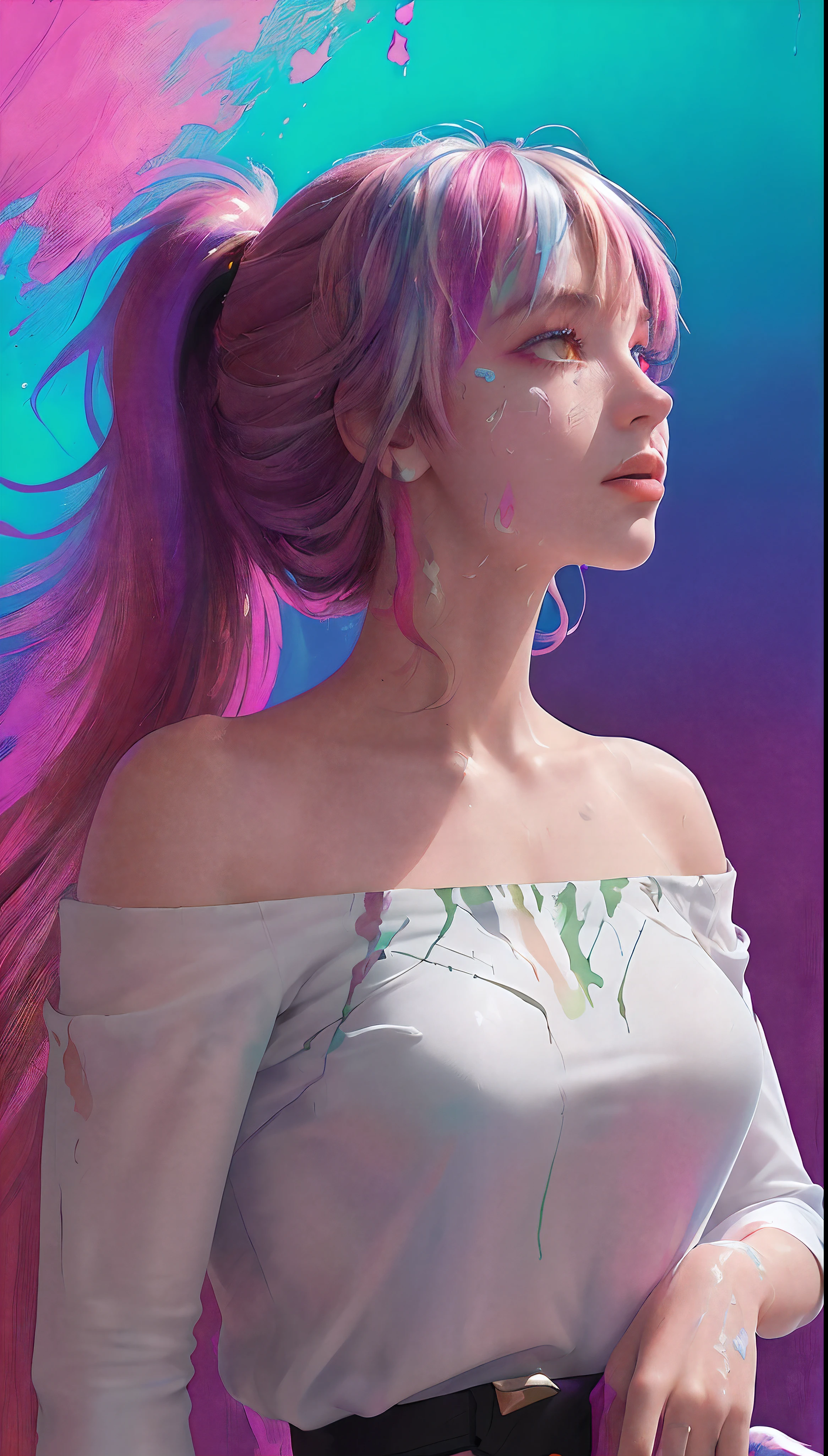 （Pink Fashion T-shirt：1.9），(Colorful hair: 1.8), (all the colours of the rainbow: 1.8),(((((vertical painting：1.6))), （painting：1.6），front, comics, illustrations, paintings, large eyes, crystal clear eyes,（ rainbow color gradient high ponytail：1.7）, exquisite makeup, closed mouth,(Small Fresh: 1.5),(Wipe Chest: 1.6) ，long eyelashes, white off shoulder T-shirt,  White Shoulder Shirt，looking at the audience, large watery eyes, (rainbow colored hair：1.6), color splash, （solo：1.8）, color splash, color explosion, thick paint style, messy lines, ((shining))，(colorful), (colorful), (colorful), colorful, Thick Paint Style, (Splash) (Color Splash), Vertical Painting, Upper Body, Paint Splash, Acrylic Pigment, Gradient, Paint, Highest Image Quality, Highest Quality, Masterpiece, Solo, Depth of Field, Face Paint,  colorful clothes, (Elegant: 1.2), gorgeous,long hair, wind, (Elegant: 1.3), (Petals: 1.4)，(((masterpiece))),(((best quality))),((ultra-detailed)),(illustration),(dynamic angle),((floating)),(paint),((disheveled hair)),(solo),(1girl) , (((detailed anima face))),((beautiful detailed face)),collar,bare shoulders,white hair, ((colorful hair)),((streaked hair)),beautiful detailed eyes,(Gradient color eyes),(((colorful eyes))),(((colorful background))),(((high saturation))),(((surrounded by colorful splashes))),