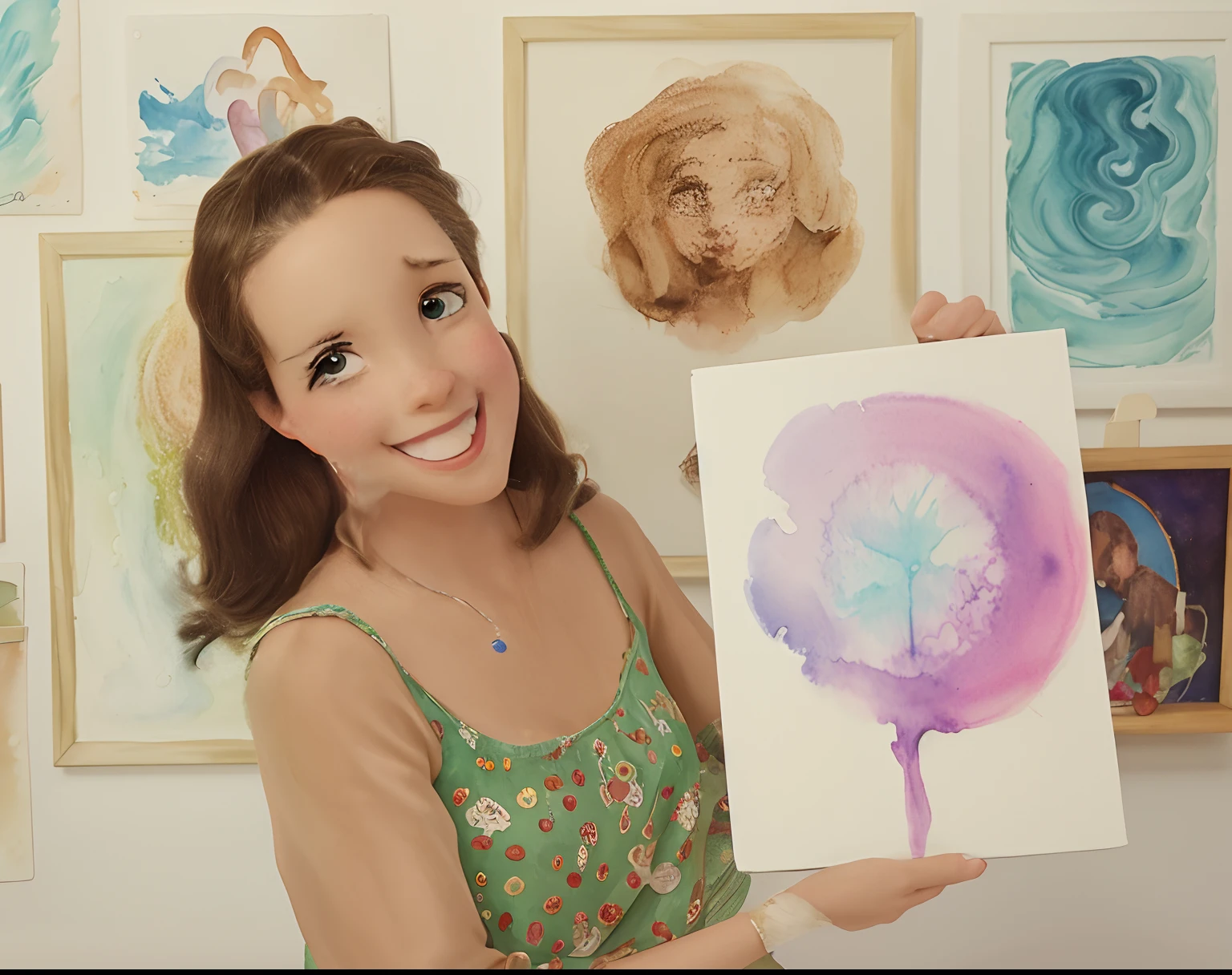 Capa de filme estilo Disney, uma  com olhos castanhos, Light skin and straight brown hair working painting watercolors in an art studio in the background