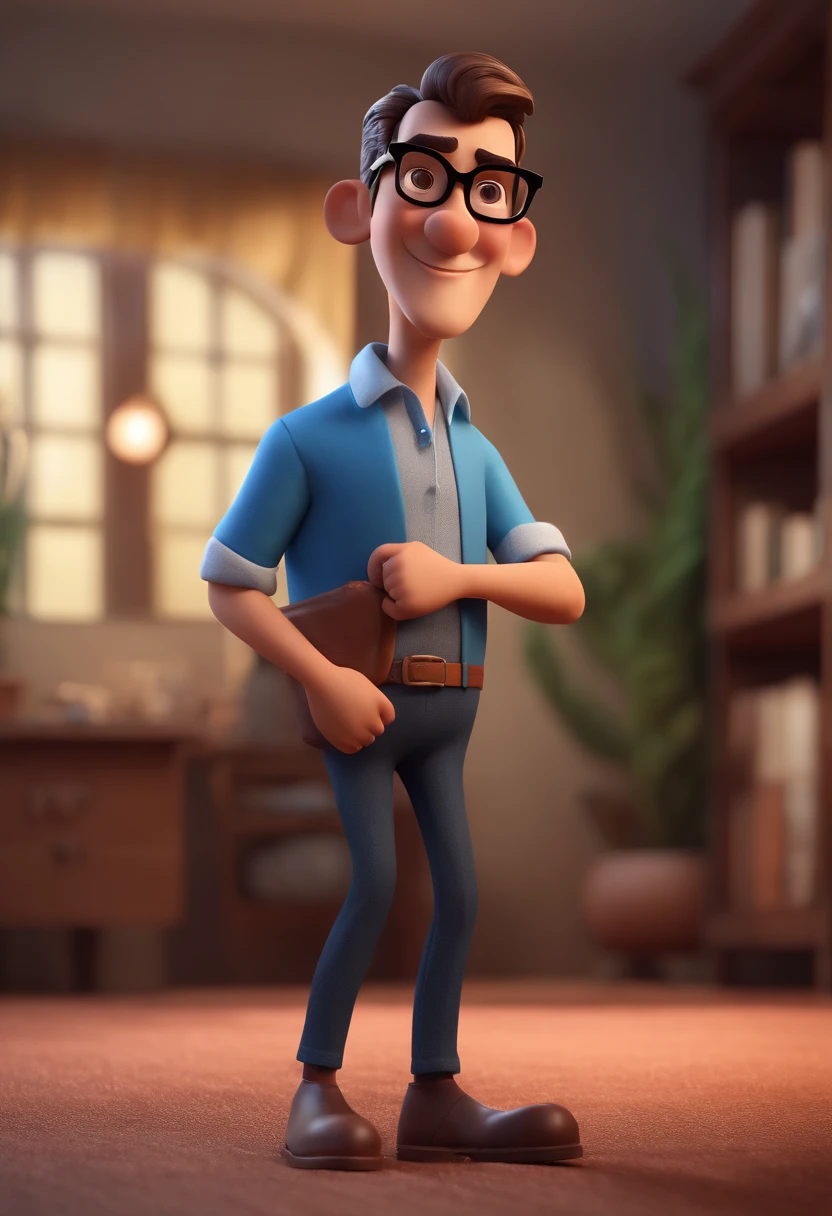 Cartoon character of a man with black glasses and a blue shirt, animation character, Caractere estilizado, animation style rendering, 3D estilizado, Arnold Maya render, 3 d render stylized, toon render keyshot, Personagem 3D, Personagem 3D, 3d rendering stylized, 3 d character render, personagem de desenho animado, Personagem de close up, Pose de personagem, (Estilo Pixar) (master part:1.2) (Bokeh) (best quality) (pele detalhada) (textura detalhada) (8k) (argila) (Cinematic lighting) (foco nítido