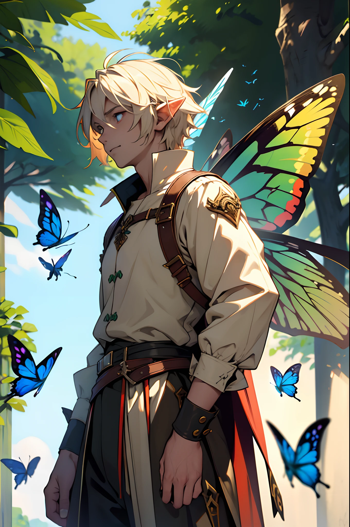 beste-Qualit, tmasterpiece, extra high resolution, Detailed background, realisti, 独奏, ember, humanoid, faeries look like Little Elves with Insect Wings, Flying on the wings of a butterfly, butterfly wings, in full height, Flies, faery, Little, Flies, Medieval Pathfinder Outfit, Pathfinder's Outfit ,Butterfly wings grow out of the back, chaotic–neutral, Male gender, Horror \(subject\),ダークファンタジー, Good Guy , Depth of field.