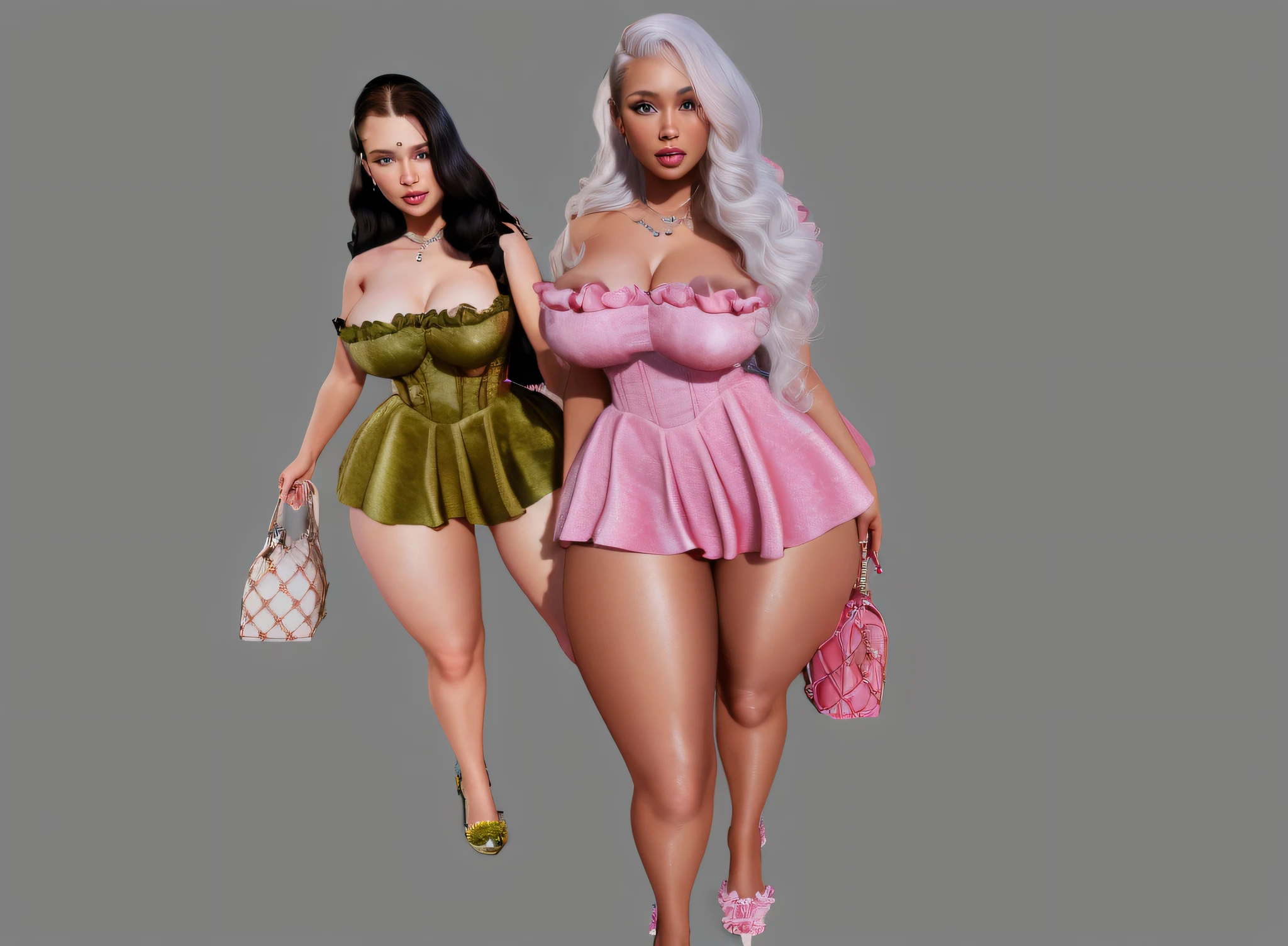 hyper realistic 3d render of two women walking next to each other, holding purses and wearing short dresses. they are thick and curvaceous, with soft skin and soft lighting. the hair is neat and detailed