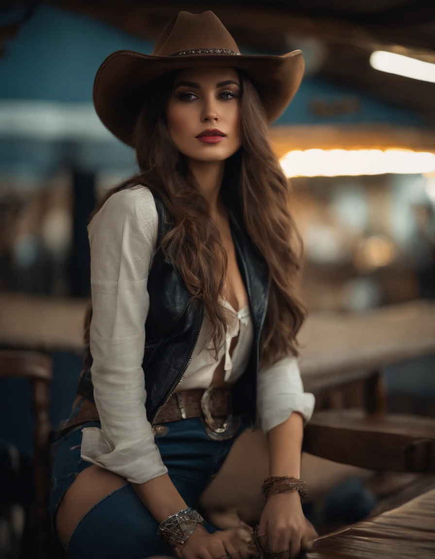 4K HLTRA HD |, Mastermiece, best quality, a girl, cara boa, Olhos detalhados, Detailed lips, cabelos longos, pelos estreitos, vestindo roupa de cowboy, Bare stomach,  leather jacket, cowboy hat, Fundo desfocado, morning, captura de corpo inteiro,