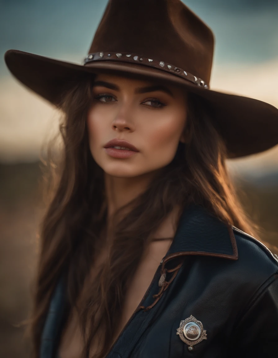 4K HLTRA HD, Mastermier, Best Quality, A girl, good face, 詳細な目, detailed lips, Long hair, straight hair, In a cowboy outfit, bare belly, leather jacket, cowboy hat, blurred background, morning, capturing the full body,