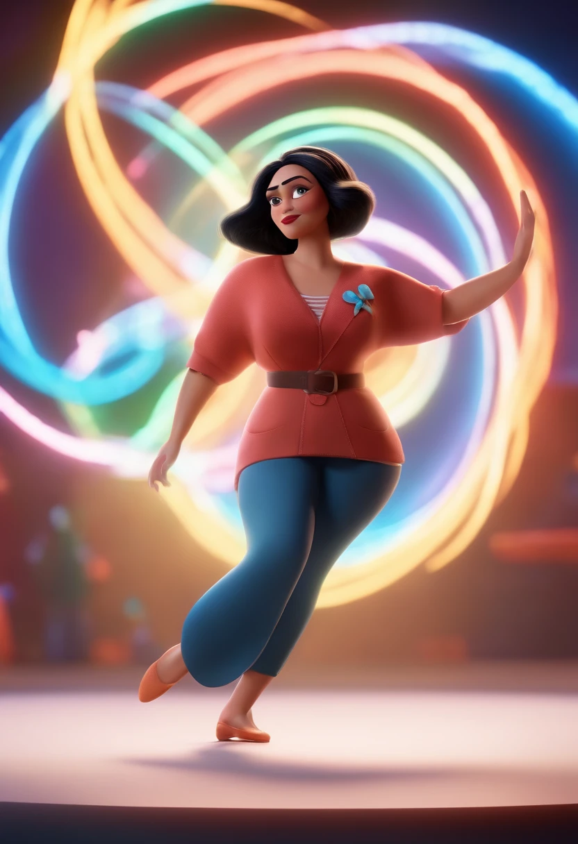 Pixar style image with 3D character glasses round white woman straight black hair dancing, Maquiagem Disney,Pescador, bonitinho, sorridente ,Close-up, Pixar, Disney, Cinema lighting,