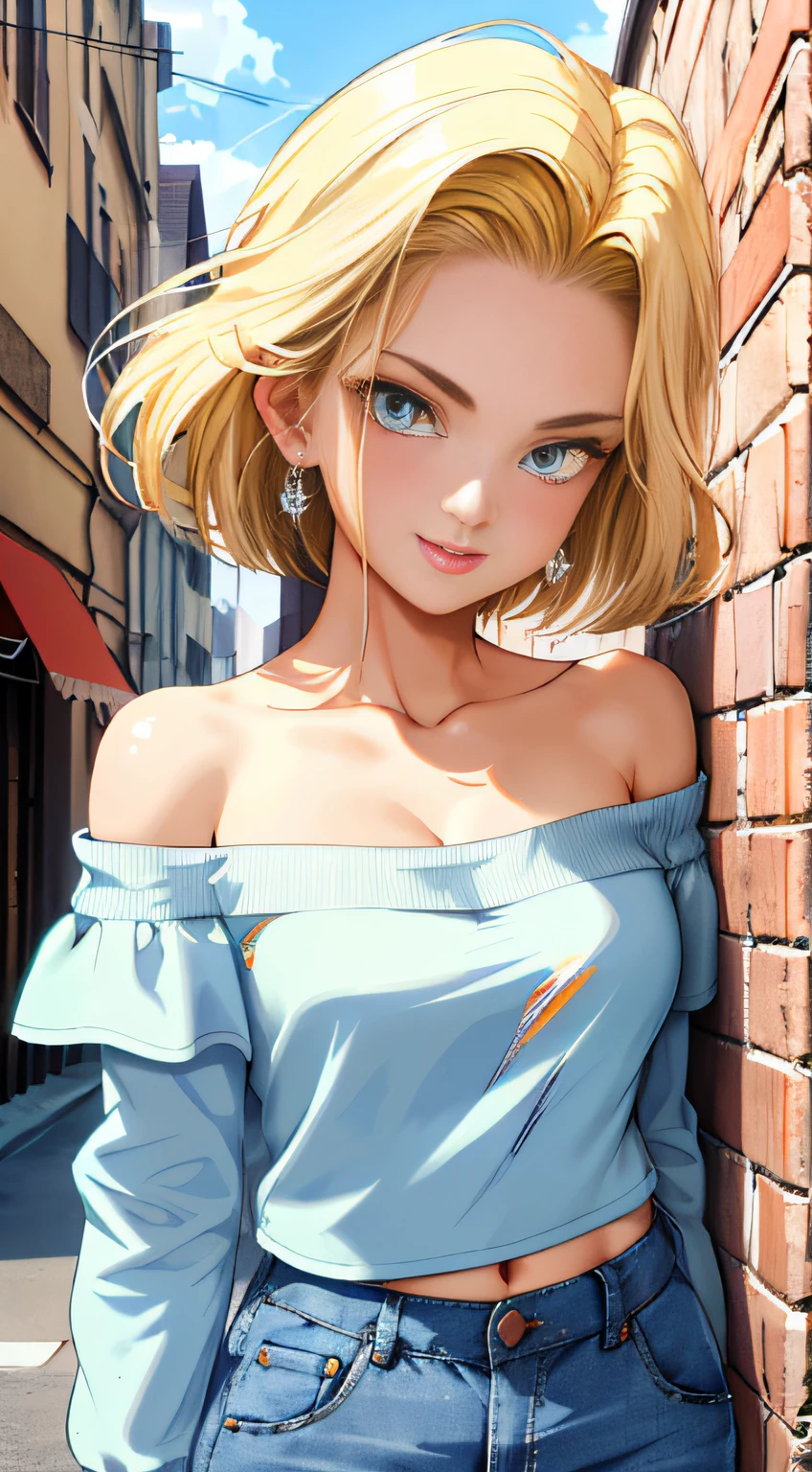 tmasterpiece， Best quality at best， ultra - detailed， absurderes， Portrait beautiful Android18DB， 独奏， 耳Nipple Ring， (比基尼:1.5)，underdressing，jewely， (Off-the-shoulder attire:1.5)，cleavage， upperbody closeup，ssmile， thongs， vests， ​​clouds， Skysky， daysies， exteriors，Denim super shorts，best qualtiy， tmasterpiece， intricately details， Tone-mapping， Sharp focus， ultra - detailed， Artstati is the trend，lips, perfect face, blush, lover, large breasts