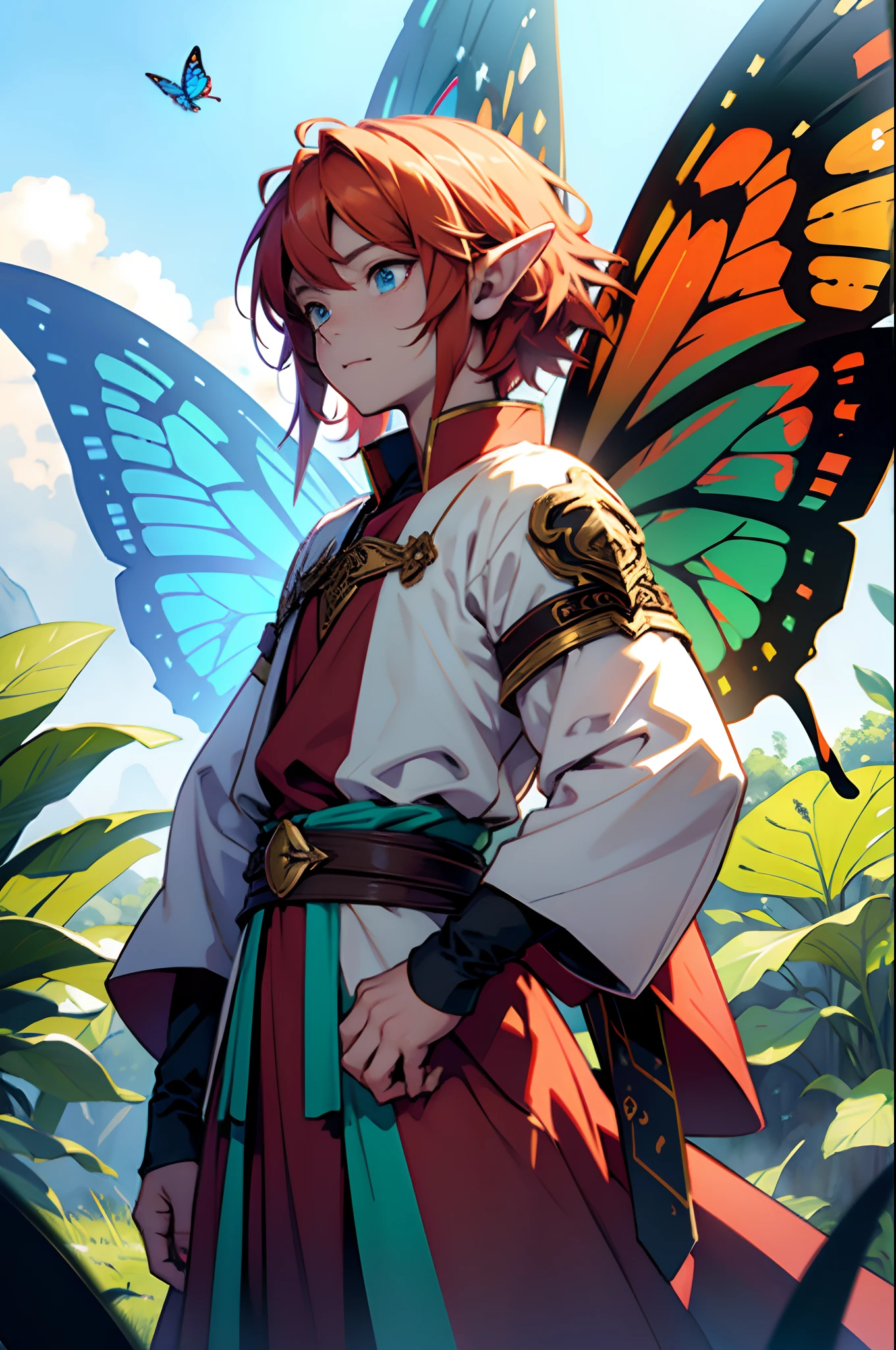 beste-Qualit, tmasterpiece, extra high resolution, Detailed background, realisti, 独奏, ember, humanoid, faeries look like Little Elves with Insect Wings, Flying on the wings of a butterfly, butterfly wings, in full height, Flies, faery, Little, Flies, Medieval Pathfinder Outfit, Pathfinder's Outfit ,Butterfly wings grow out of the back, chaotic–neutral, Male gender, Horror \(subject\),ダークファンタジー, Good Guy , Depth of field.