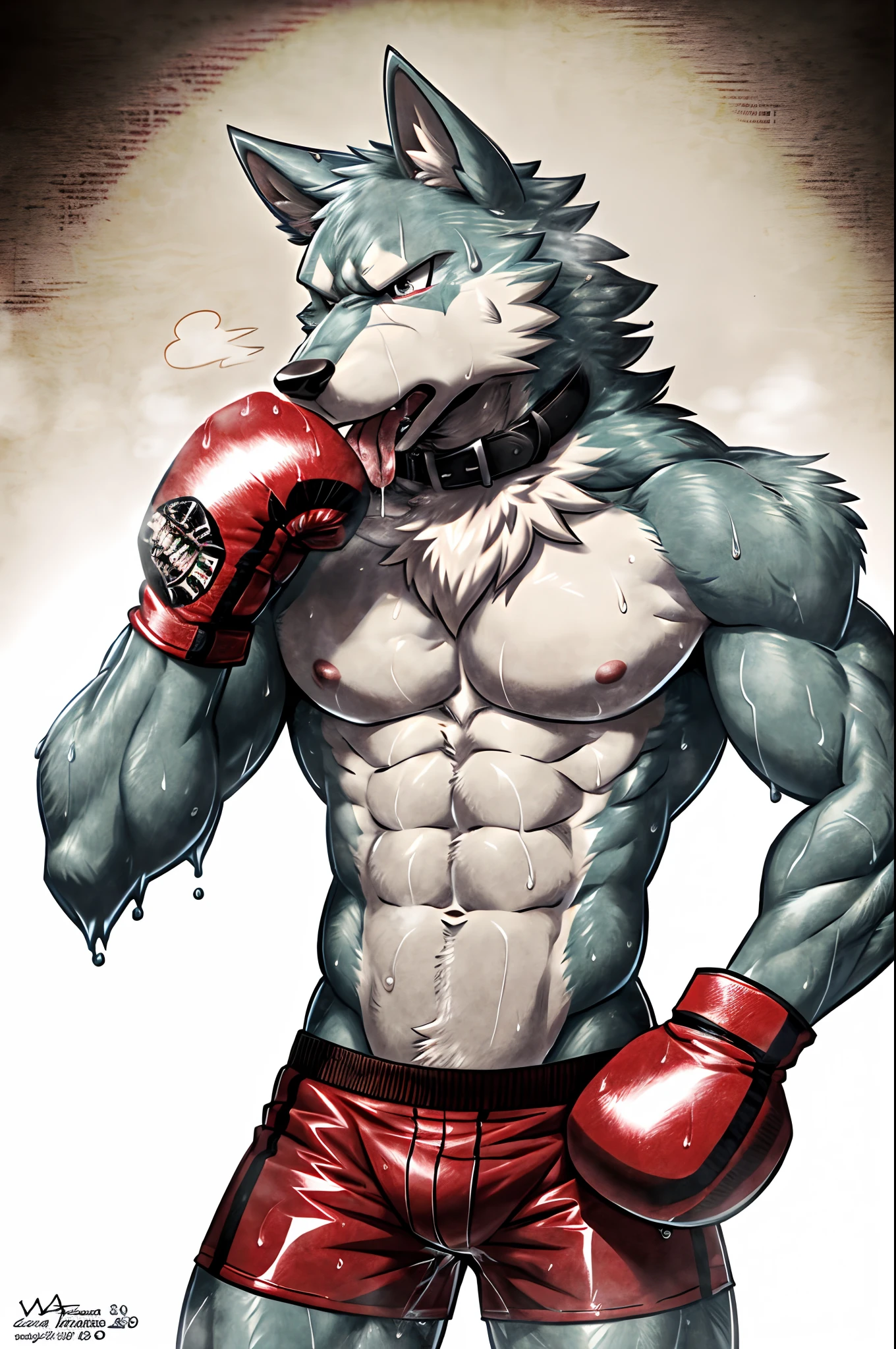 ((solo)), (anthro) wolf, shirou_ogami:1.8 (bna), adult, mature, masculine, slim:1.2, skinny:1.2, tall:1, (correct anatomy:1.2), vascular veins, (cartoon fur, detailed fur texture:1.3), topless, wearing big black collar (shirtless, boxing gloves, compression shorts), ultradetailed, (by wfa:1.2), (by takemoto_arashi, by vorusuarts, by Traver009:1, by grimfaust:1), natural lighting (boxing_ring:1.4 background), (sweat:1.4, wet:1.6), (lots of sweat flowing down) exhausted, wolf head ((open eyes, detailed):1.2), open mouth (steaming breath:1.2, drooling, dripping saliva, thick drool) tongue sticking out, (serious:1.4) expression), grumpy, sad, lying down, collapsed, defeat