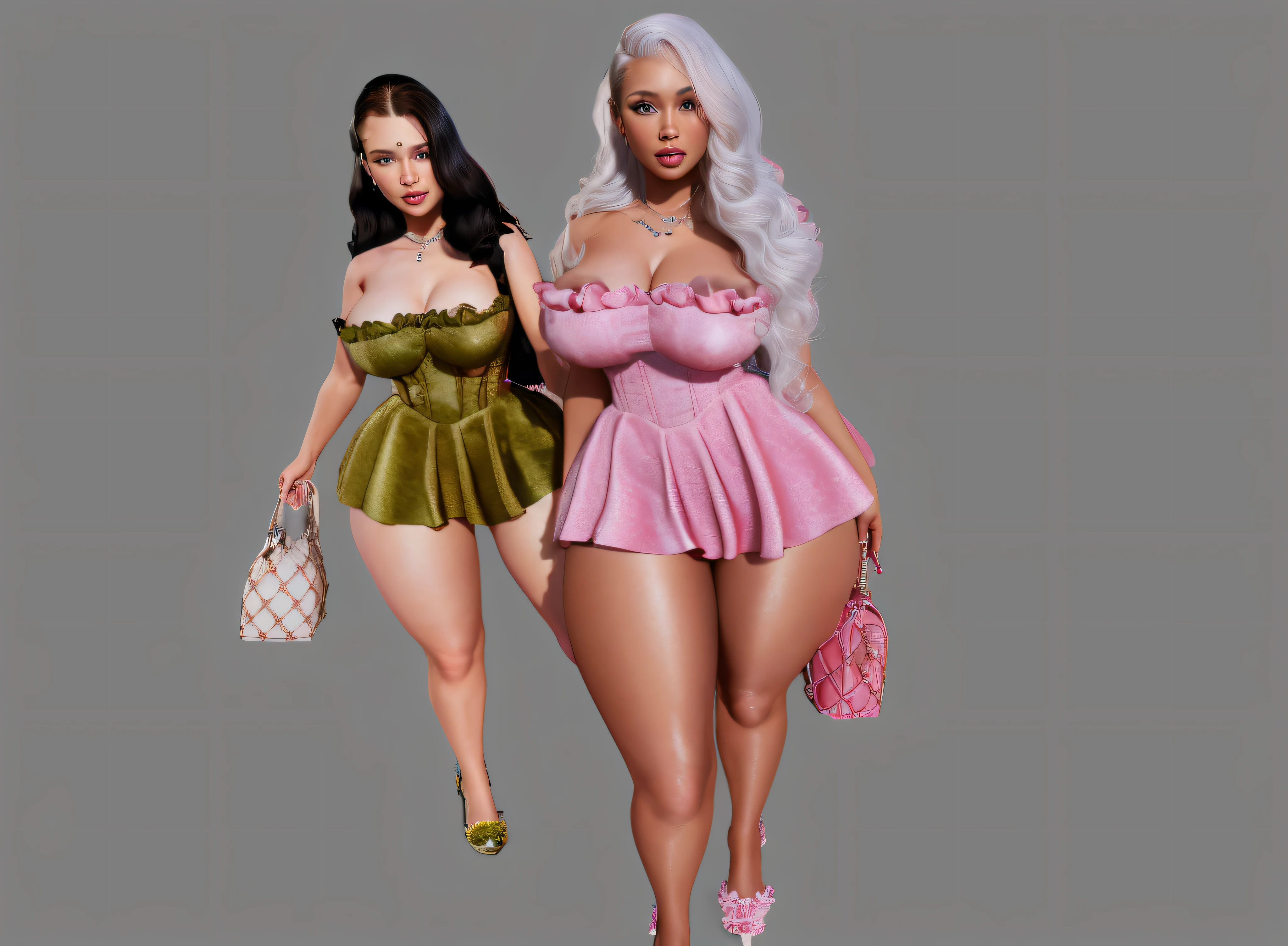 hyper realistic 3d render of two women walking next to each other, holding purses and wearing short dresses. they are thick and curvaceous, with soft skin and soft lighting. the hair is neat and detailed