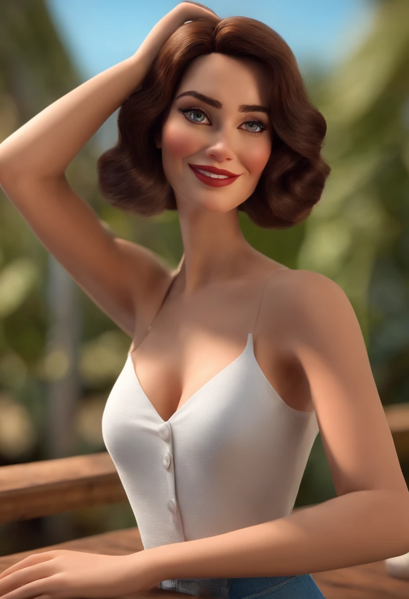 Pixar style image with 3D character white glasses brunette woman short straight hair dancing, Maquiagem Disney,Pescador, bonitinho, saia curta ,Close-up, Pixar, Disney, Cinema lighting, seios grandes, quadril largo, olhar sensual, boca aberta, labios molhados, sexy, atraente sexual, corpo molhado, corpo suado de sexo