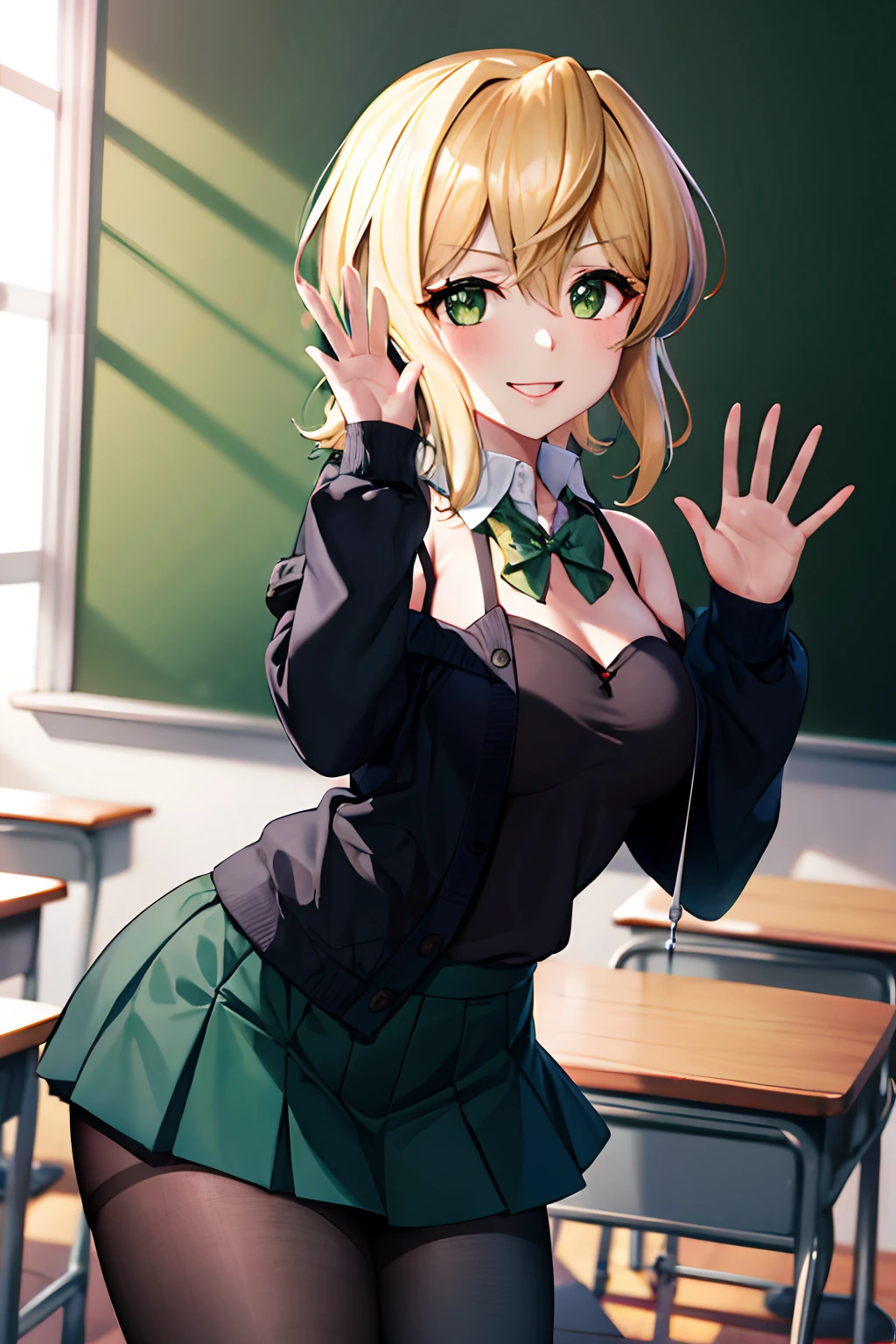 masterpiece, best quality, highres, kirika akatsuki, 1girl, solo, symphogear outfit, long sleeves, short hair, black skirt, collared shirt, black pantyhose, open clothes, bowtie, hairclif, breasts, bangs, green eyes, pleated skirt, off shoulder, sleeves past wrists, blonde hair, miniskirt,  cowboy shot, classroom, waving, smile,