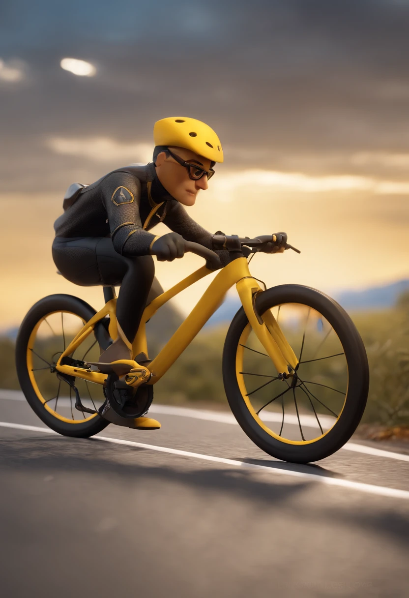 Cartoon character of a man wearing black glasses and a yellow cyclist shirt, Bicicleta de montanha, capacete de bike, um personagem animado, Caractere estilizado, animation style rendering, 3D estilizado, Arnold Maya render, 3 d render stylized, toon render keyshot, Personagem 3D, Personagem 3D, 3d rendering stylized, 3 d character render, personagem de desenho animado, Personagem de close up, Pose de personagem, (Estilo Pixar) (master part:1.2) (Bokeh) (best quality) (pele detalhada) (textura detalhada) (8k) (argila) (Cinematic lighting) (foco nítido，Senta e vaza a parte superior do corpo
