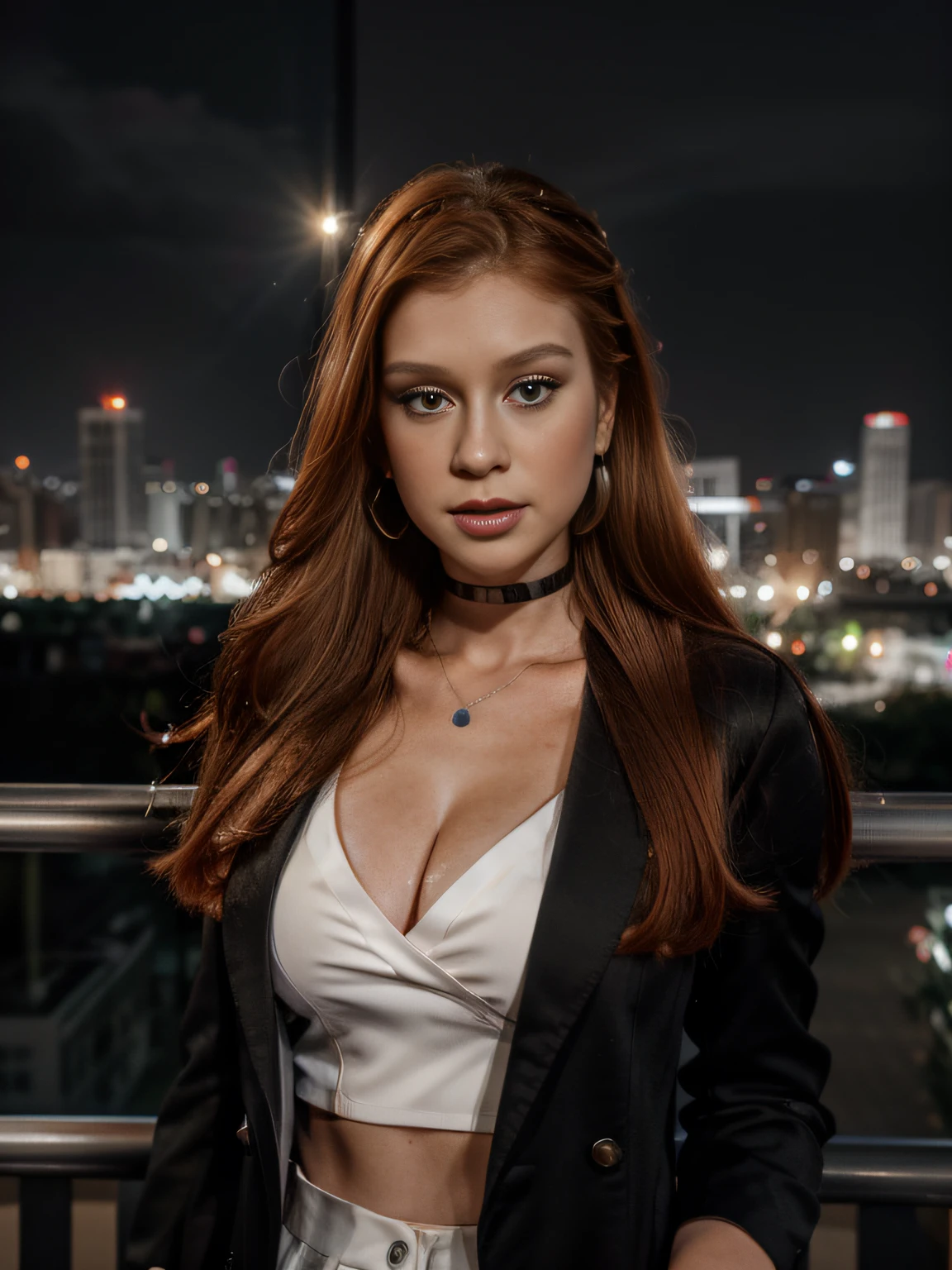 cowboy shot of a beautiful young woman standing in city, night city background, bokeh, Red ponytail with curls, cute smile, opened white blazer, pants detailed face, detailed skin, ultra-realistic, extremely detailed, <lora:skin_slider_v10:0.5> <lora:btnecbla:0.7>