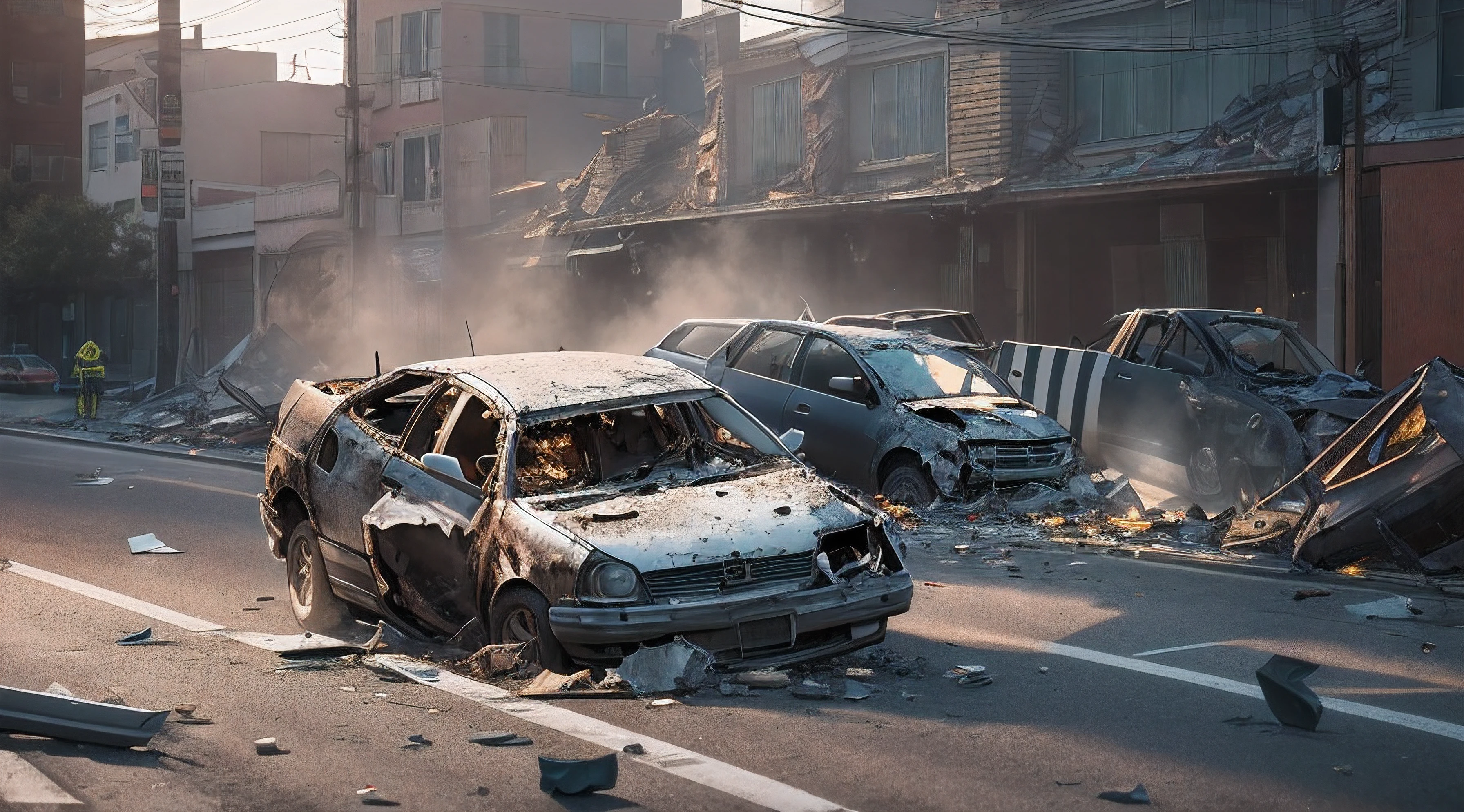 «»Car Crash Scene - Cinematic Lighting by Roger Deakins»»

Subject: In a gripping car collision scene, two powerful vehicles collide head-on at a deserted urban intersection. The impact creates a stunning display of destruction and chaos.

Type of Image: Photograph

Art Styles: Realism, Action Photography

Art Inspirations: Action-packed photography by Richard Thompson and Scott Olson, capturing intense moments of crashes and collisions.

Camera: Super telephoto lens (800mm)

Shot: High-angle view from a distance, capturing the entire scene of the collision and its aftermath, with debris flying in all directions.

Render Related Information: Cinematic lighting with a focus on dramatic shadows and highlights, emphasizing the sense of danger and impact. Professional photography to ensure precise details of the wreckage. Resolution at 8K for exceptional clarity and impact.