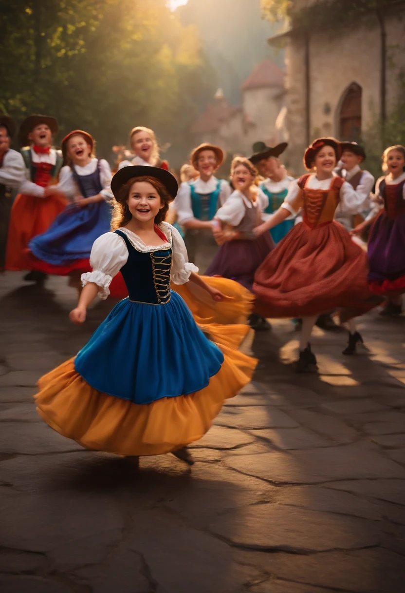 Um filme inspirado na Disney Pixar( A group of boys and girls in Bavarian costumes dancing) dentro A cena estar na arte distinta do estilo PIXAR, alegres e vibrantes
