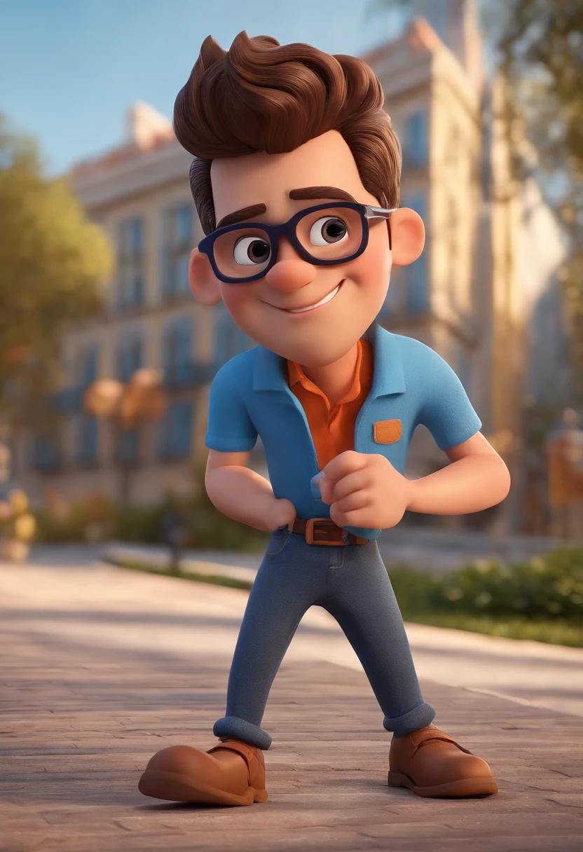 Cartoon character of a man with black glasses and a blue shirt, animation character, Caractere estilizado, animation style rendering, 3D estilizado, Arnold Maya render, 3 d render stylized, toon render keyshot, Personagem 3D, Personagem 3D, 3d rendering stylized, 3 d character render, personagem de desenho animado, Personagem de close up, Pose de personagem,  (Estilo Pixar) (master part:1.2) (Bokeh) (best quality) (pele detalhada) (textura detalhada) (8k) (argila) (Cinematic lighting) (foco nítido