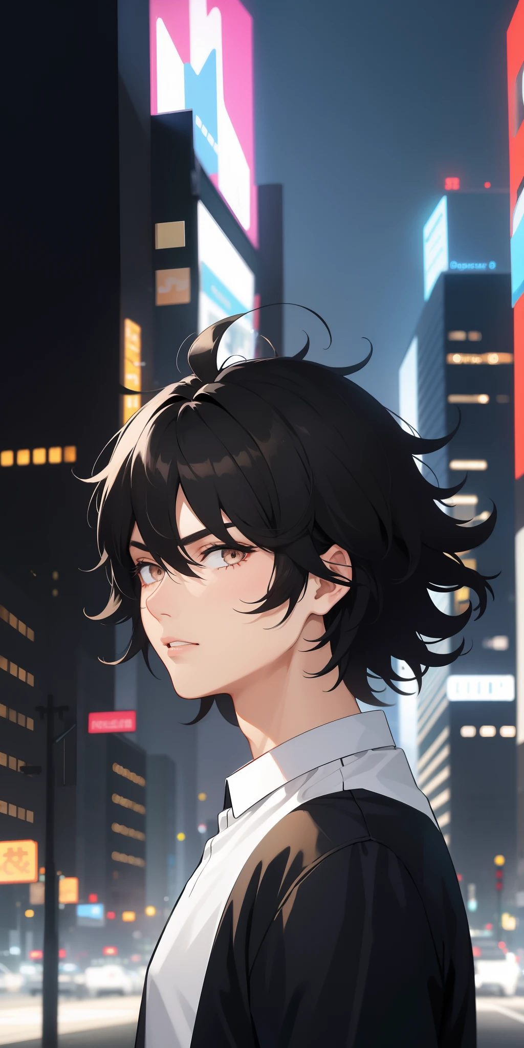 Man, ((black hair)), ((messy hair)), short hair, ((silver eyes)), seriously face, black shirt, night city in background, light brown skin