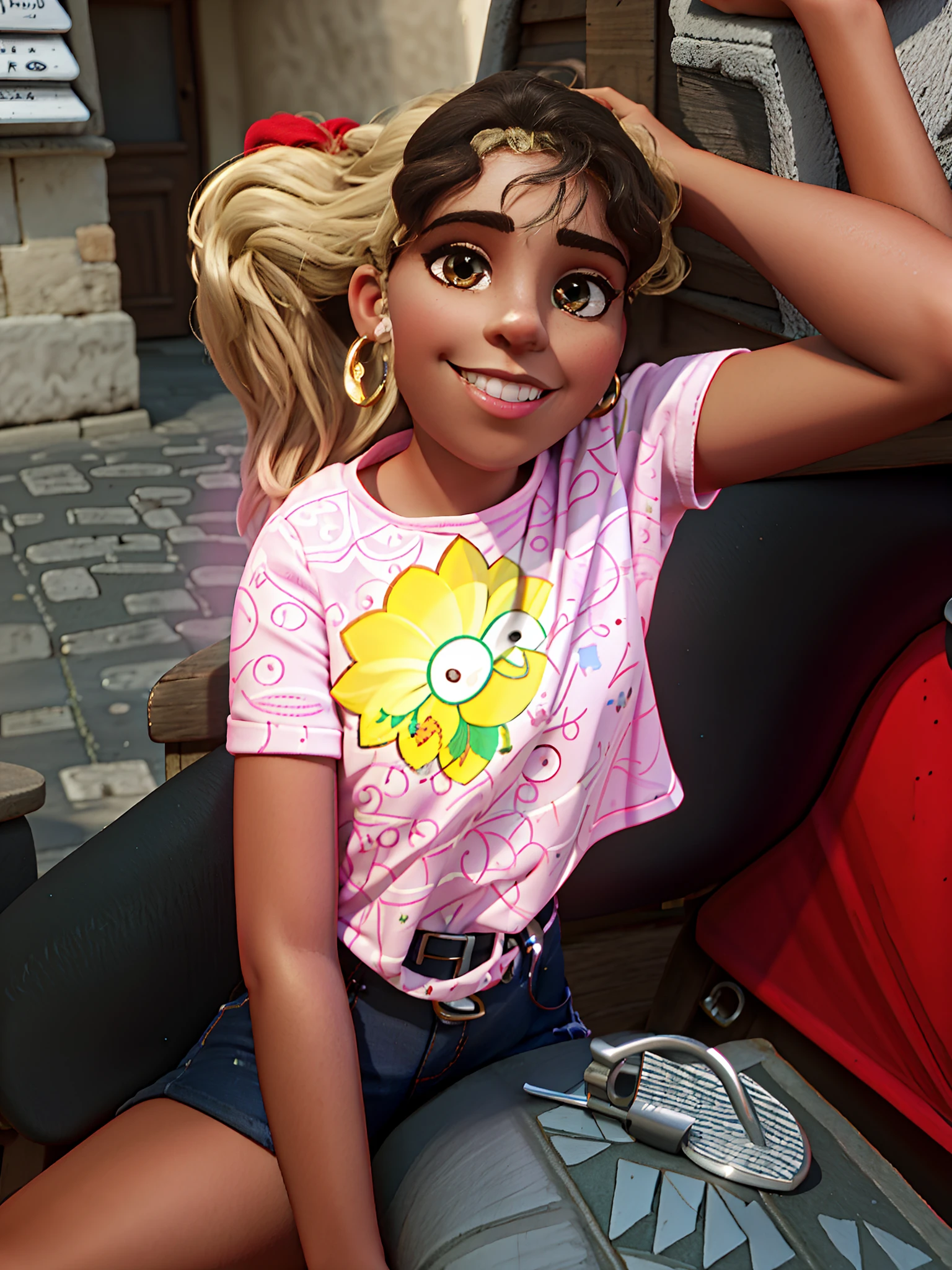 Beautiful Brazilian woman sitting and drinking coffee outside on the side of the street in a small café, beautiful face, Short black hair down to the nape of her neck with brown eyes and heavy eyeshadow, Wearing jeans and a black polo shirt, grande estilo de moda, looking at you with loving eyes and a soft smile, Background is a European city of the city center, fundo desfocado, profundidade de campo rasa, Cinematic light, luz suave, retroiluminado, micro-detalhes, renderizado, fotorrealista, cinemactic, 85mm 1.4