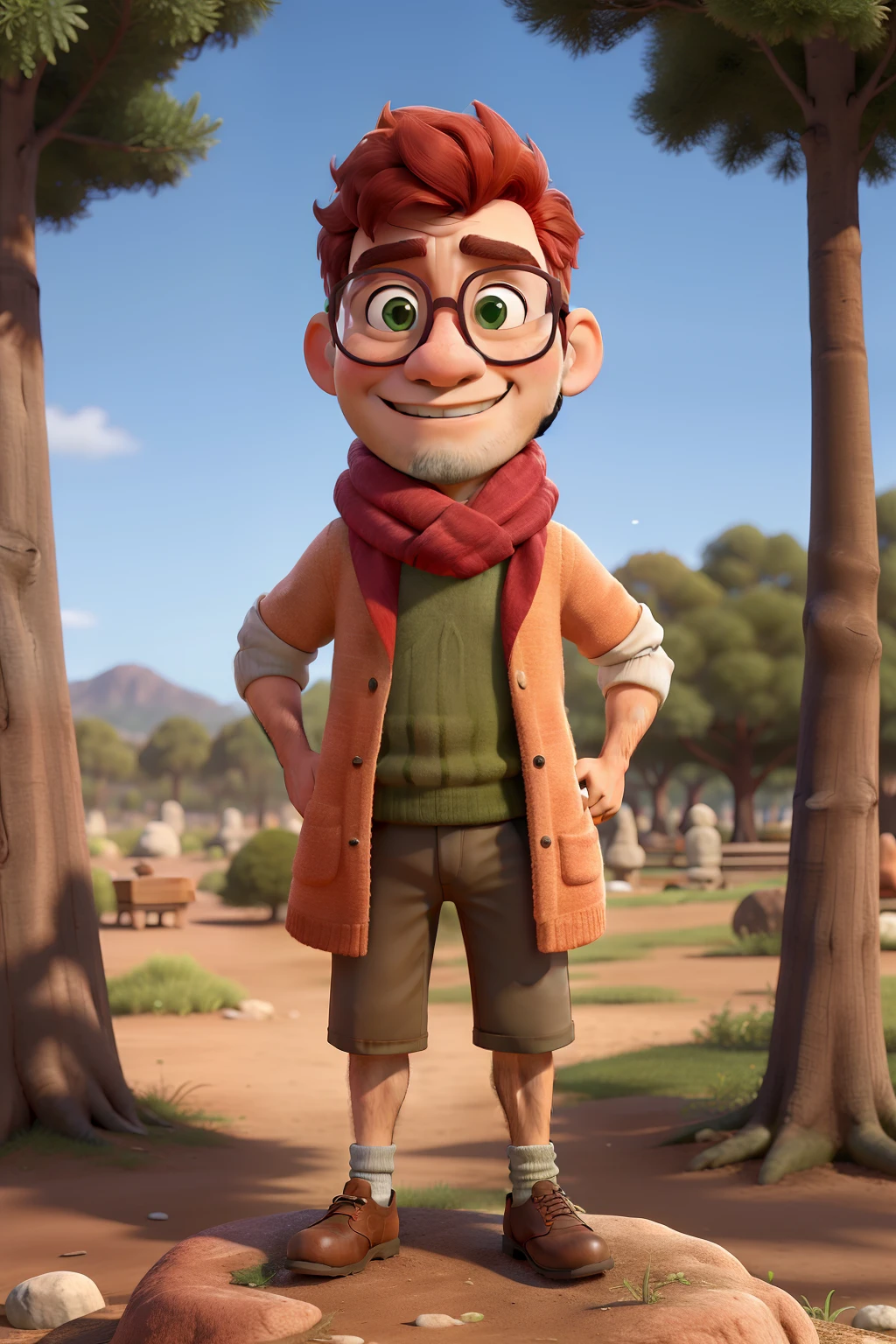 Obra-prima, de melhor qualidade,with glasses and scarf, vestindo um terno verde escuro sem barba , Standing in the park Red Short Hair