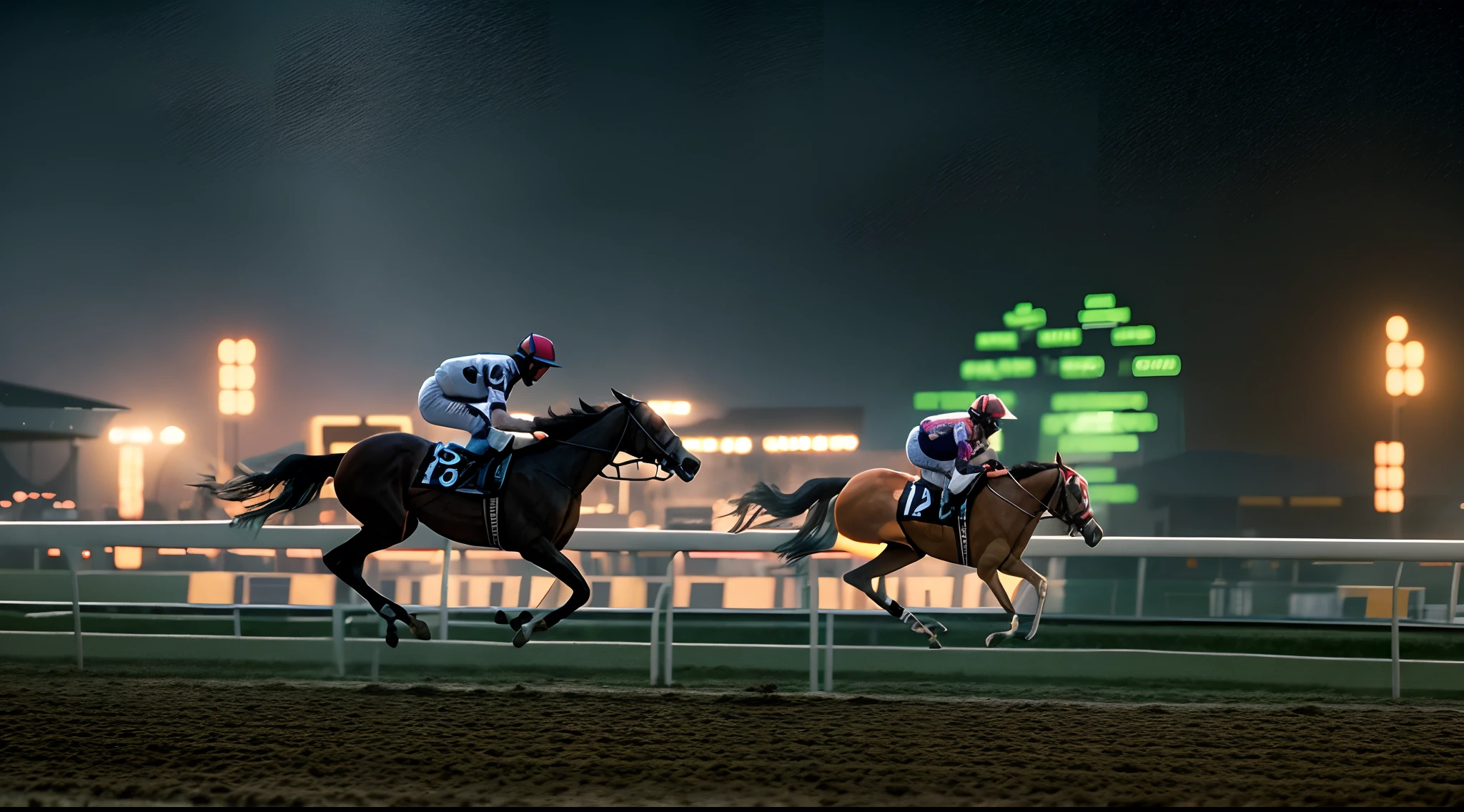 Science fiction film of a horse race,Bokeh,Film lighting by Roger Deakins