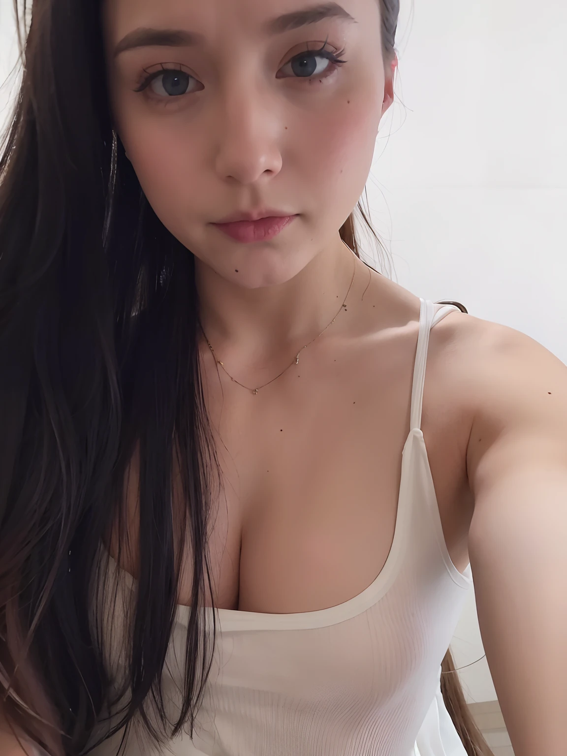 (Ultra-detailed, best quality, masterpiece) - A hot, petite, sexy 24-year-old female model named Marina taking a selfie wearing a black top and panties.