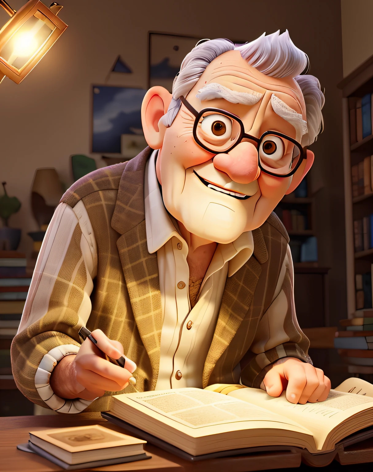 A wise old man standing in front, illuminated by the light of a lamp, escolhendo um livro para ler numa pratileira