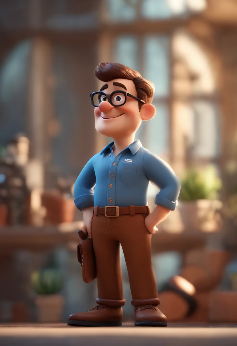 Cartoon character of a man wearing black glasses and a blue shirt, um personagem animado, Caractere estilizado, animation style rendering, 3D estilizado, Arnold Maya render, 3 d render stylized, toon render keyshot, Personagem 3D, Personagem 3D, 3d rendering stylized, 3 d character render, personagem de desenho animado, Personagem de close up, Pose de personagem, (Estilo Pixar) (master part:1.2) (Bokeh) (best quality) (pele detalhada) (textura detalhada) (8k) (argila) (Cinematic lighting) (foco nítido,Senta e vaza a parte superior do corpo