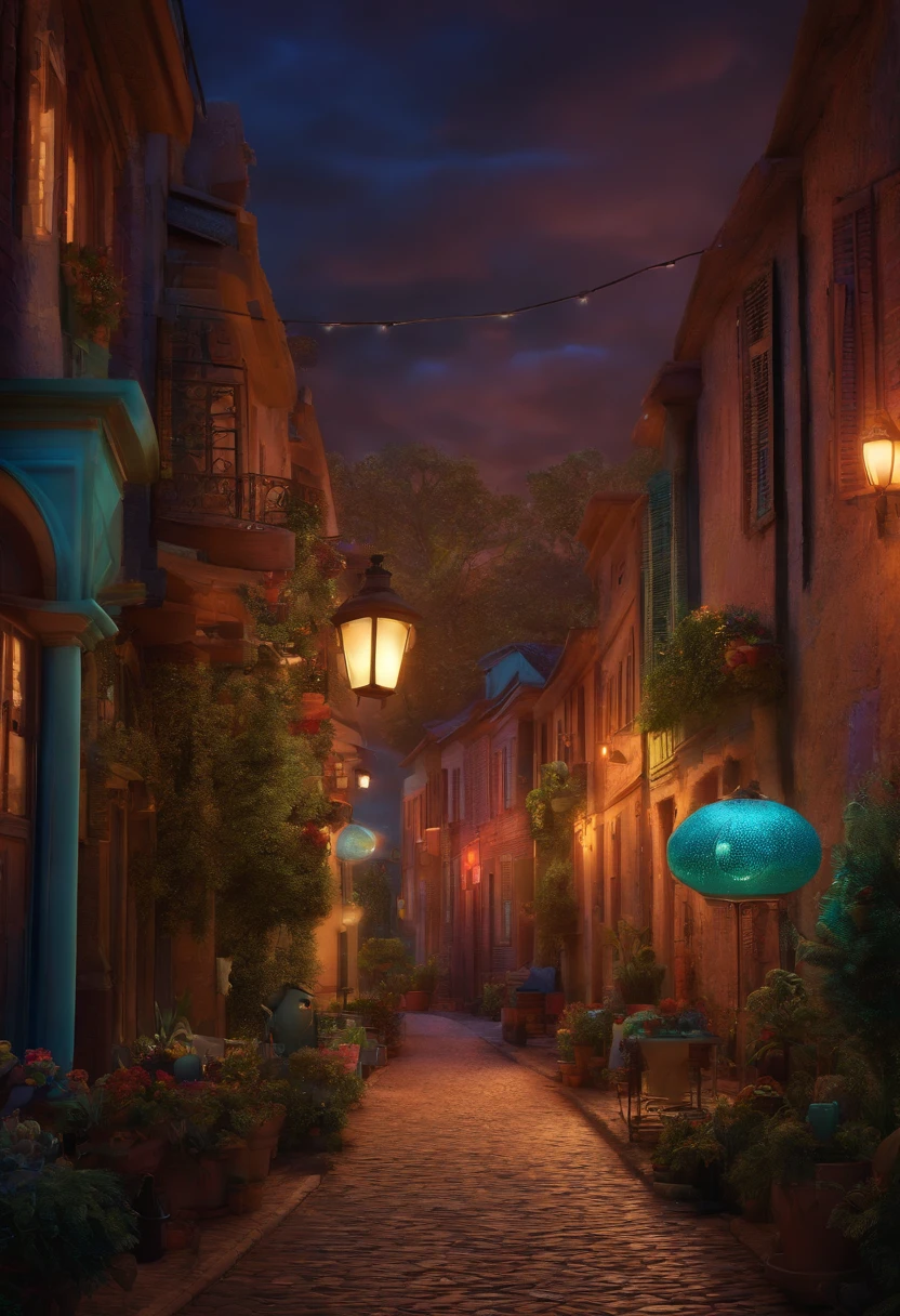 Desenho em estilo 3D da Pixar de um evento noturno no centro da cidade