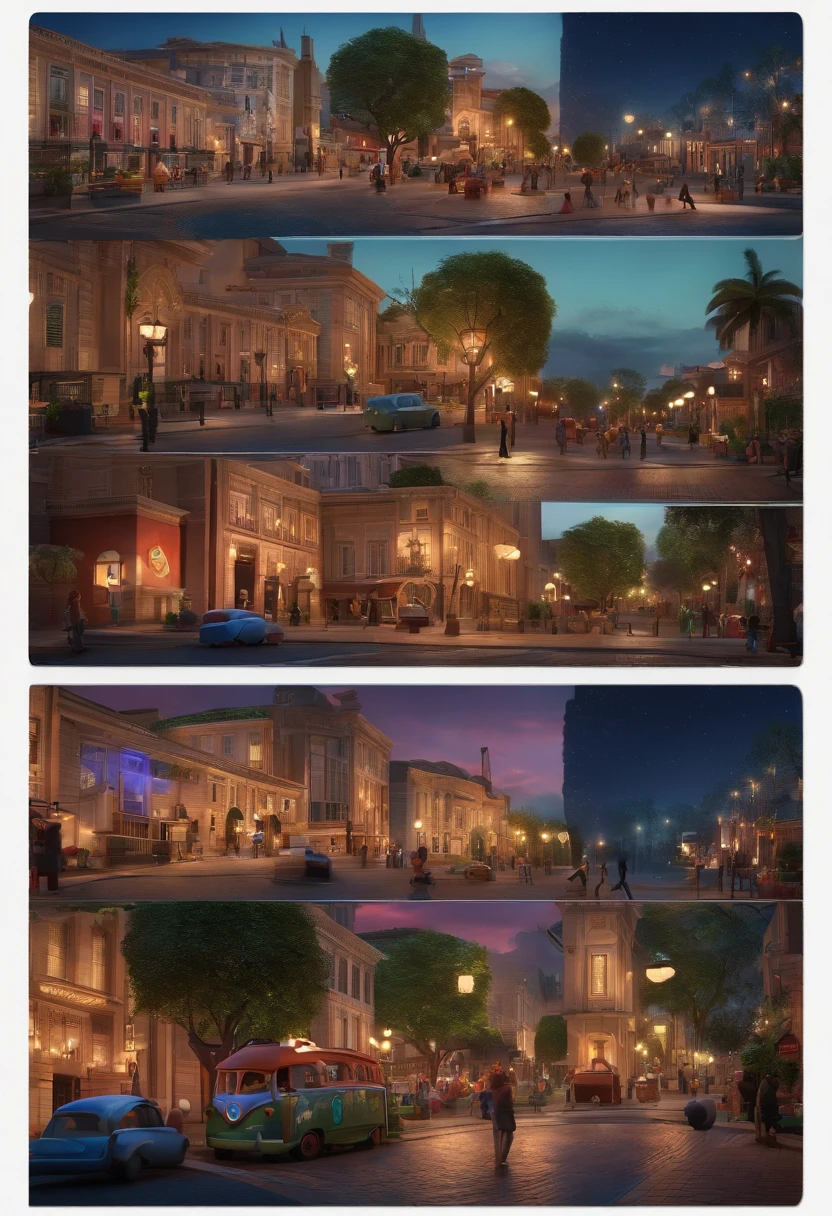 Desenho em estilo 3D da Pixar de um evento noturno no centro da cidade