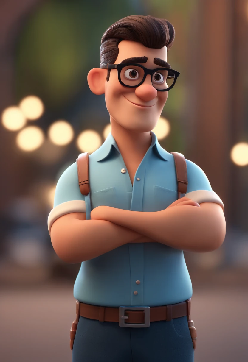 Cartoon character of a man wearing black glasses and a blue shirt, um personagem animado, Caractere estilizado, animation style rendering, 3D estilizado, Arnold Maya render, 3 d render stylized, toon render keyshot, Personagem 3D, Personagem 3D, 3d rendering stylized, 3 d character render, personagem de desenho animado, Personagem de close up, Pose de personagem, (Estilo Pixar) (master part:1.2) (Bokeh) (best quality) (pele detalhada) (textura detalhada) (8k) (argila) (Cinematic lighting) (foco nítido，Senta e vaza a parte superior do corpo