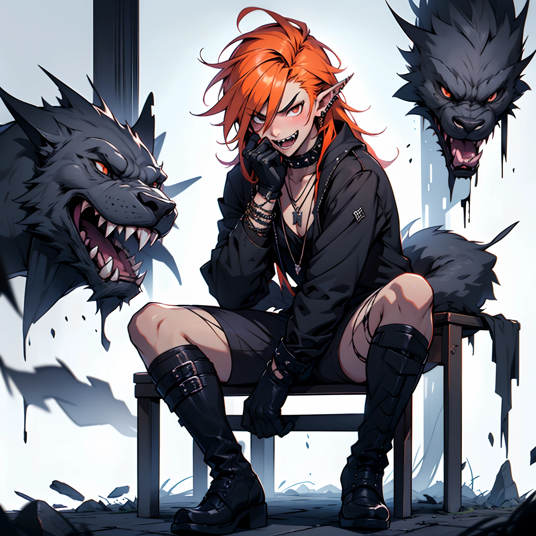 1boy, punk, punk boy, black clothes, black footwear, black gloves, blush, boots, collar, ear piercing, elbow gloves, emo, emo boy, fingerless gloves, legwear, fishnets, goth, goth boy, hair between eyes, jewelry, knee boots, long hair, looking at viewer, male, male only, necklace, open mouth, pointy ears, orange hair, black eyes, sharp teeth, very long hair, sitting, solo, spiked collar, teeth, thick eyebrows, thighhighs, smiling, smirking, tongue, tongue out, trap