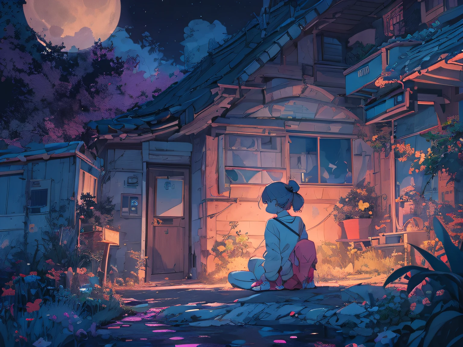 Uma menina sentada no telhado de uma casa velha com uma fone de ouvido, Imagem Lo-fi,retro, plano,2.5D, luz noturna, vista para o telhado, Paisagem Neon, beautiful colorful night sky,Estrelas ,analog color theme, fantasia ,arte de linha, desenho a tinta digital, Linha de tinta grande, Aquarela, cor goauche, Estilo Studio Ghibli, Amazing color, Outurn, Synthwave, Arte ZERO,Estilo anos 90,textura antiga, amplitude,Atmosfera dos anos 90, master part, Habilidades massivas
