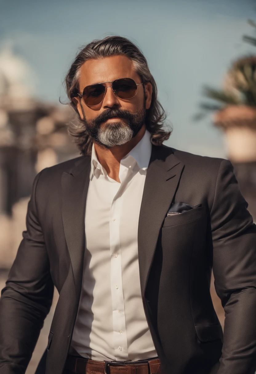 Um homem de 40 anos com rosto sem rugas, com cabelos escuros, cabelos curtos, penteado para esquerda, face de diamante, olhar rigoroso, e olhos castanhos, de pele morena clara, com bigode com as pontas enrolados para cima, com uma barba baixa, And Beard doesn't touch his mustache and is wearing a white shirt with a tie. Formato de desenho da pixar.