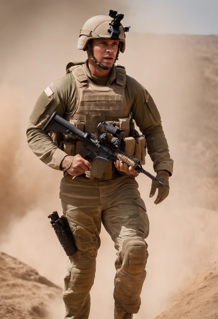 a muscular soldier with visibly prominent muscles and a rifle in hand, in various scenes and poses. In addition to the previous settings of military training and war-like environments, now depict the soldier engaging in rigorous physical exercises at a training gym or military fitness facility. Showcasing the soldier's dedication to maintaining peak physical condition and honing his skills, capture moments of intense weightlifting, endurance exercises, and other challenging workout routines. Please provide detailed descriptions of the gym environment, including equipment, colors, textures, and any other relevant aspects that would further emphasize the soldier's commitment to maintaining his muscular physique and readiness for duty.