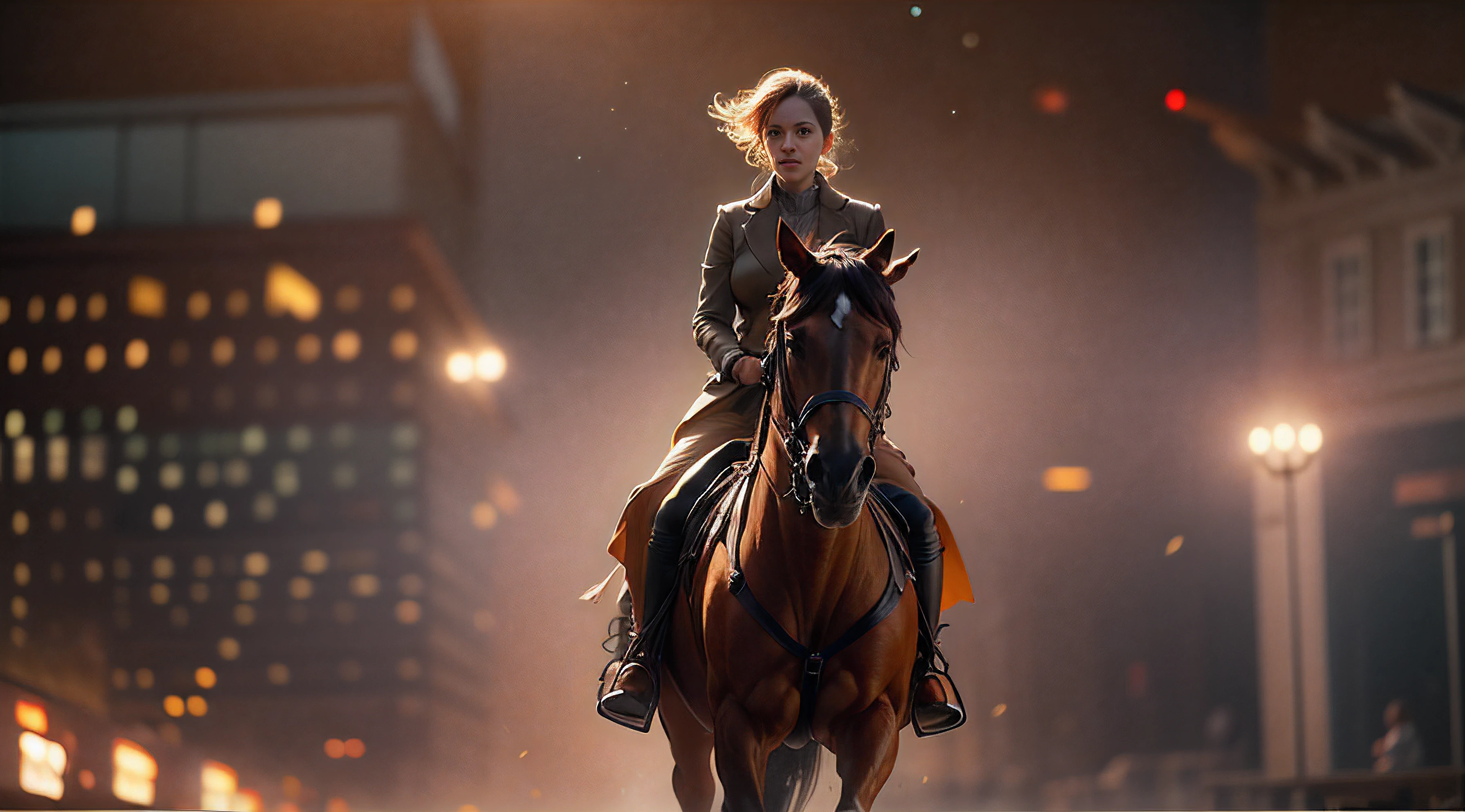 sci movie still of a women riding a horse, bokeh,cinematic lighting by roger deakins