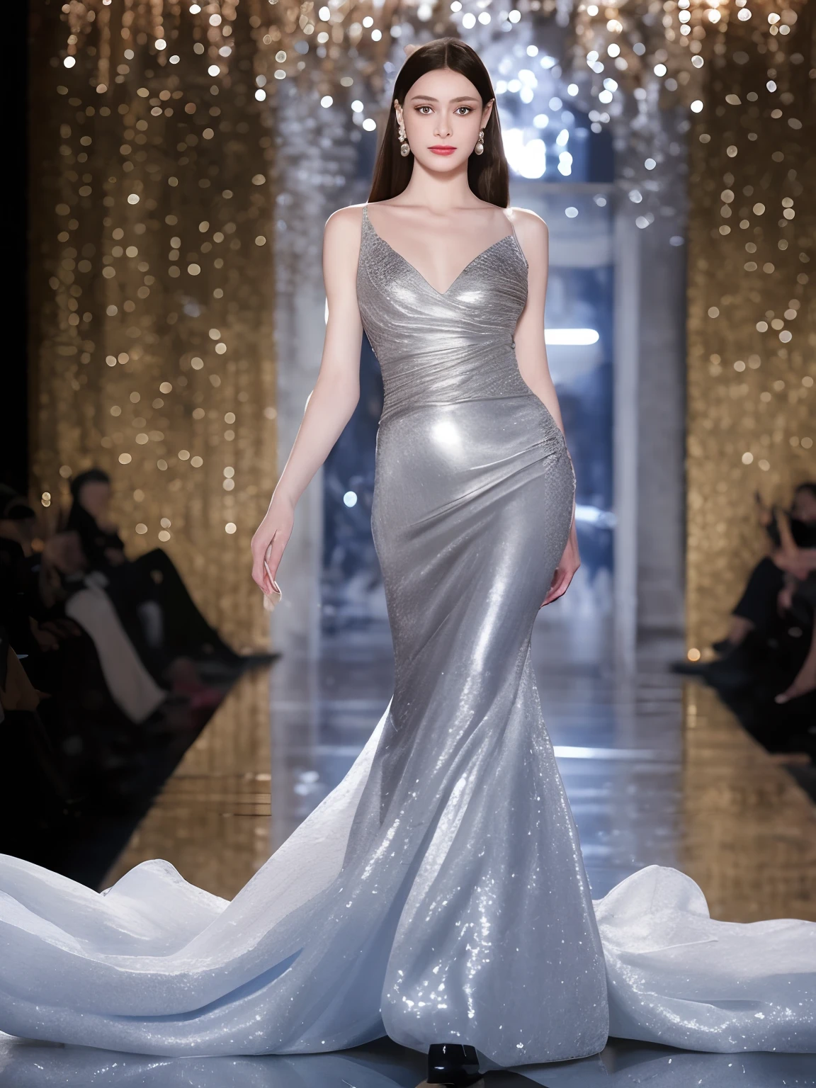 A woman in a silver dress walks on the catwalk, ((facial closeups，Delicate facial features))，High detail，Detailed，diamond shimmering dress, draped in shiny gold and silver, inspired by Adélaïde Victoire Hall, wearing a glittery dress, inspired by Tadashi Nakayama, mercury dress, 2 0 2 0 fashion, flowing shimmering fabrics, fancy silver dress, shiny and sparkling，（hyper HD，Full HD FHD1030P 2K4KBK，high-definition HD，Ultra-high-definition graphics: hyper HD，Ultra HD HDR Ultra HD HDR，Ultra HD Utra - High Definition，ultra-definition ，hyper photorealism,Ultra-high definition,The lines are beautiful and clear）